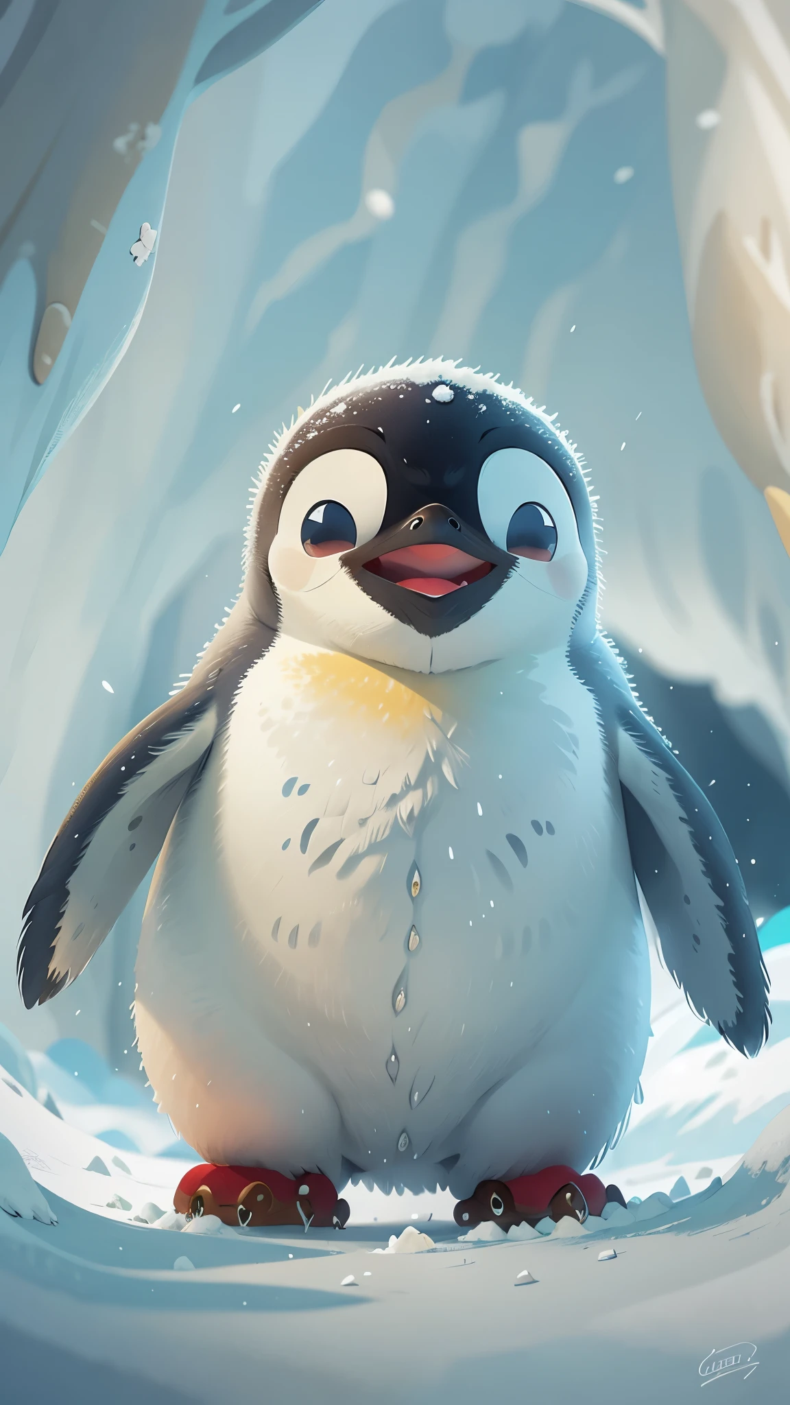 A cute emperor penguin jumps out of a snow cave,front view,close up, Pixar style, best quality, stills, very cute, big eyes, ,Very happy,high details, high quality, masterpiece, ccurate, super detail,