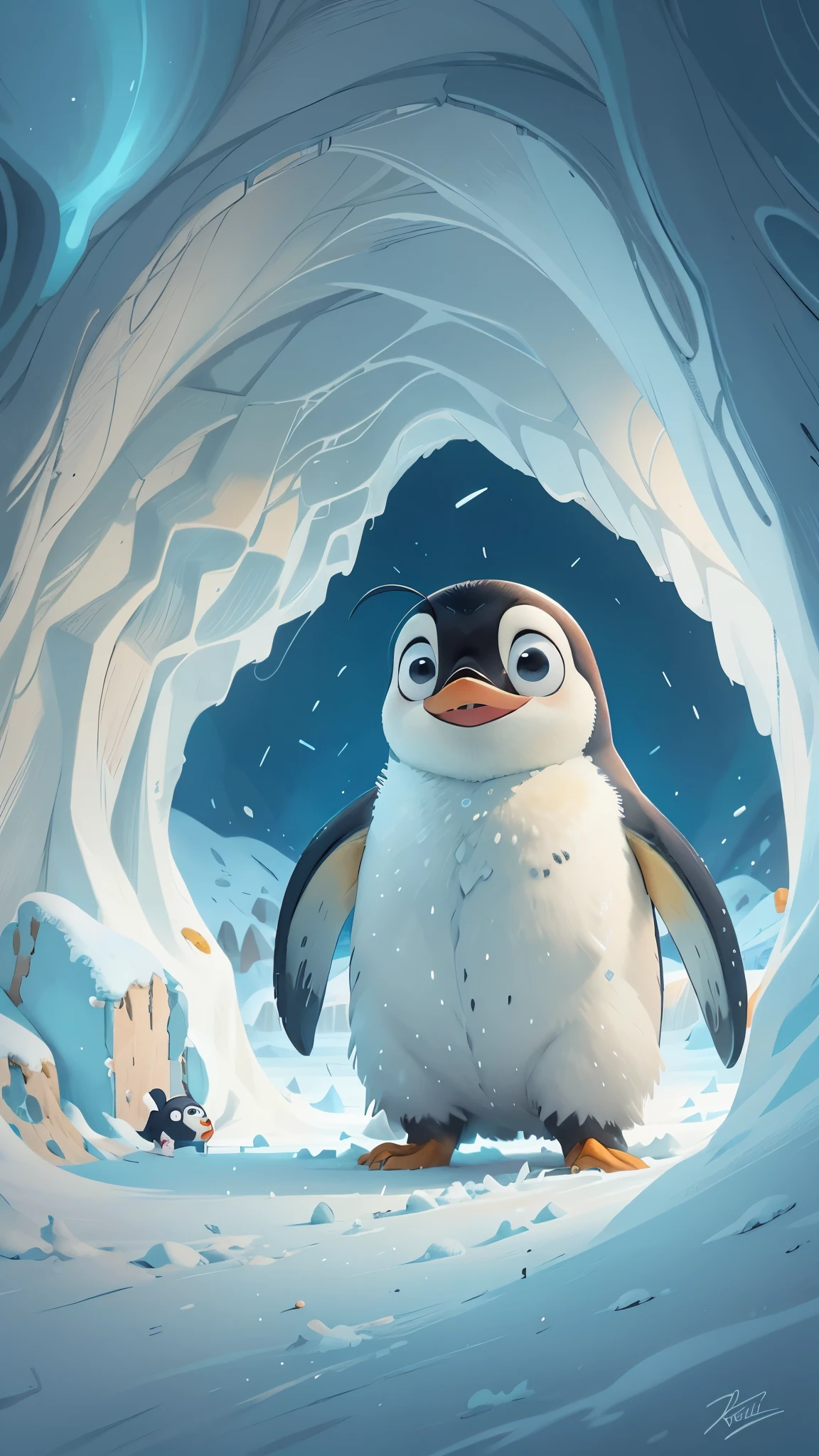 A cute emperor penguin jumps out of a snow cave,front view,close up, Pixar style, best quality, stills, very cute, big eyes, ,Very happy,high details, high quality, masterpiece, ccurate, super detail,