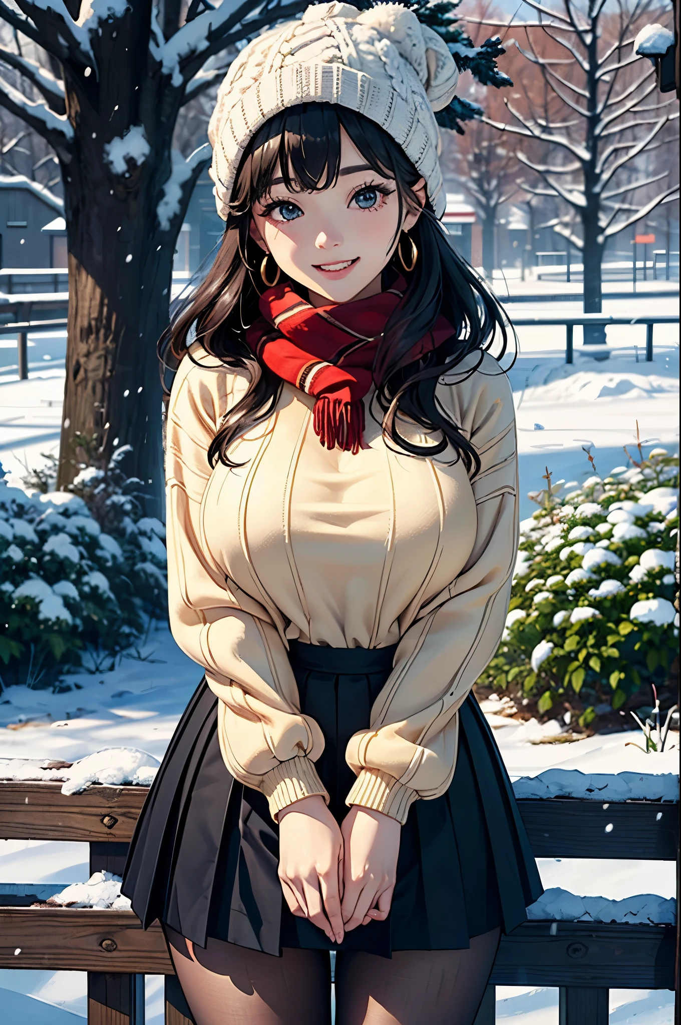 20 year old woman、(masterpiece:1.4)、(highest quality:1.4)、ultra high resolution、A little anime style、beautiful features、black long hair、knit hat、checkered scarf、earrings、wearing woolen gloves、Beige sweater、pleated skirt、black tights、(huge breasts:1.1)、red face、smile、stand、arms behind body、It's snowing、garden