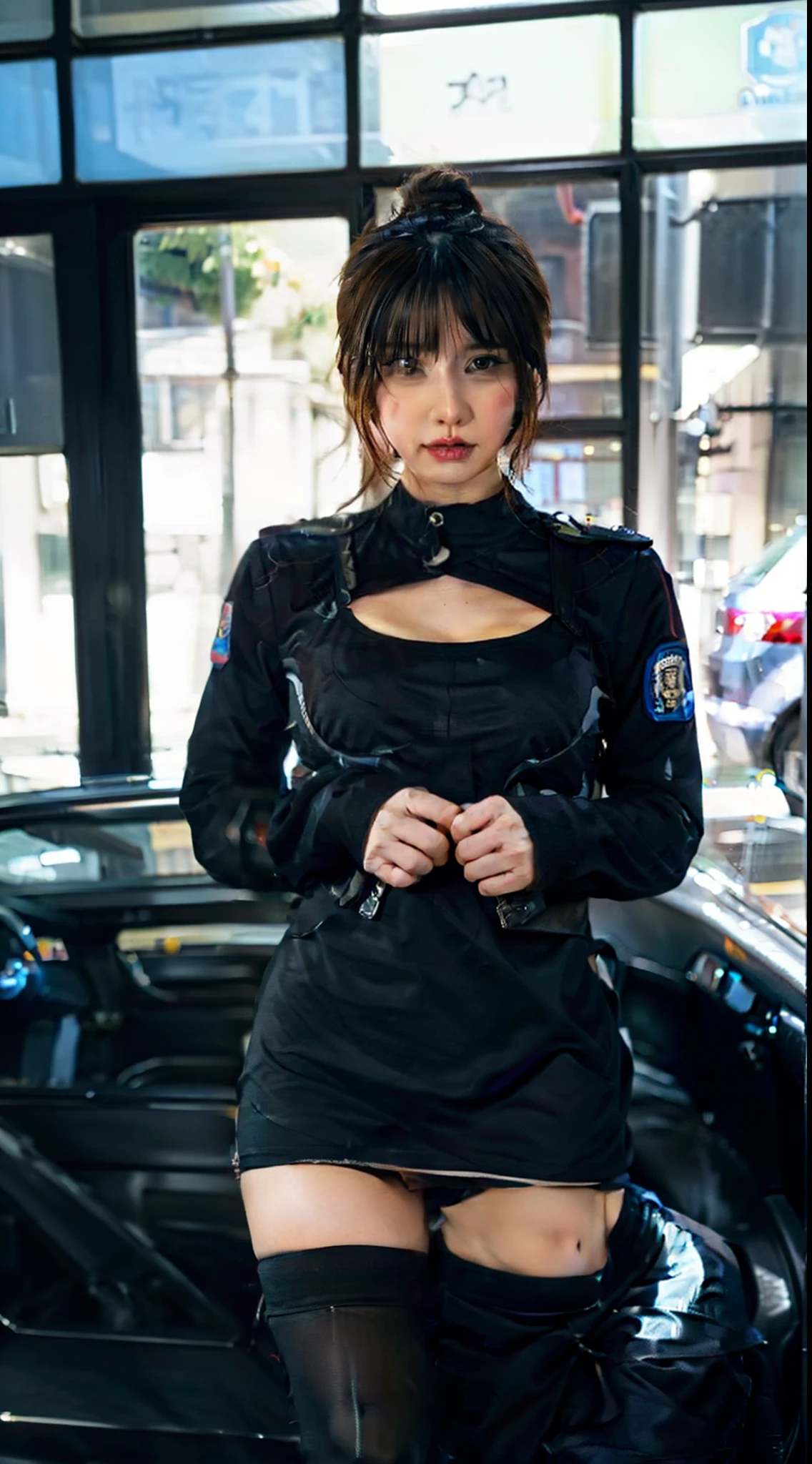 Pose in a city police car, a picture,Raised sexy, police officers, Wearing a police uniform, bobby, officer, Police, Outfit, female sheriff, korean women's fashion model,tight-fitting,Skirt that wraps hips,Tight short skirt with hips,high-heels,Pear-shaped body,Long legs,Wear different colors,Fair skin,lacepantyhose