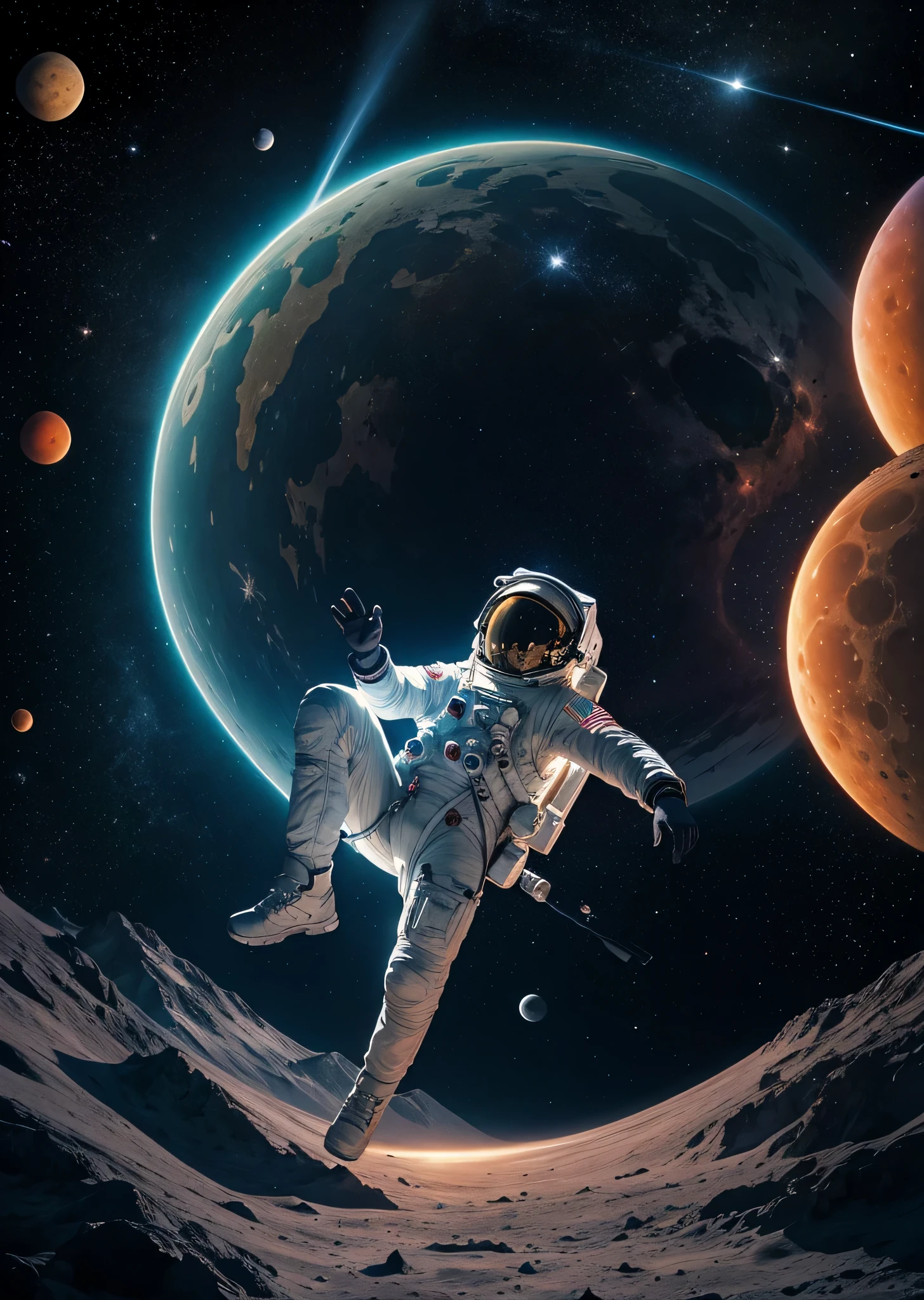 Illustrate an astronaut floating amidst a dazzling array of celestial bodies, with vivid colors capturing the beauty of the cosmos