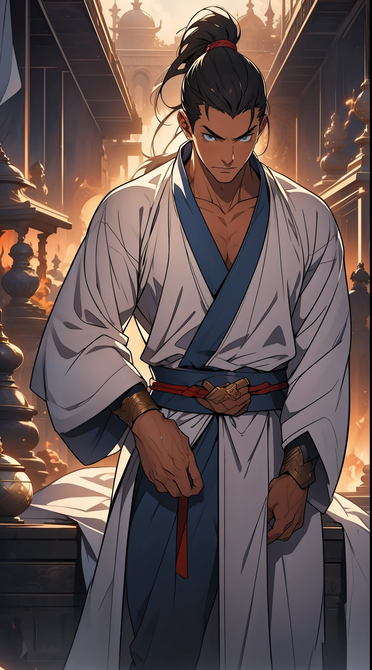 Two dimensions,anime style,one person(male warrior),proportions are correct,facial details,swordsman,high ponytail hairstyle,neck detail,Have an Adam's apple,White robe,joke,white robe,clothing details,transfer,long sleeves,Game quality,fencing,Ray tracing,Ray tracing,Detailed glow,CG rendering,hair details,long black hair,blue eyes,Handsome,Handsome,(Youthful feeling),Clothing is complicated,Perfect composition,refine,high quality,higher details,many details,Complex background,a sense of atmosphere,