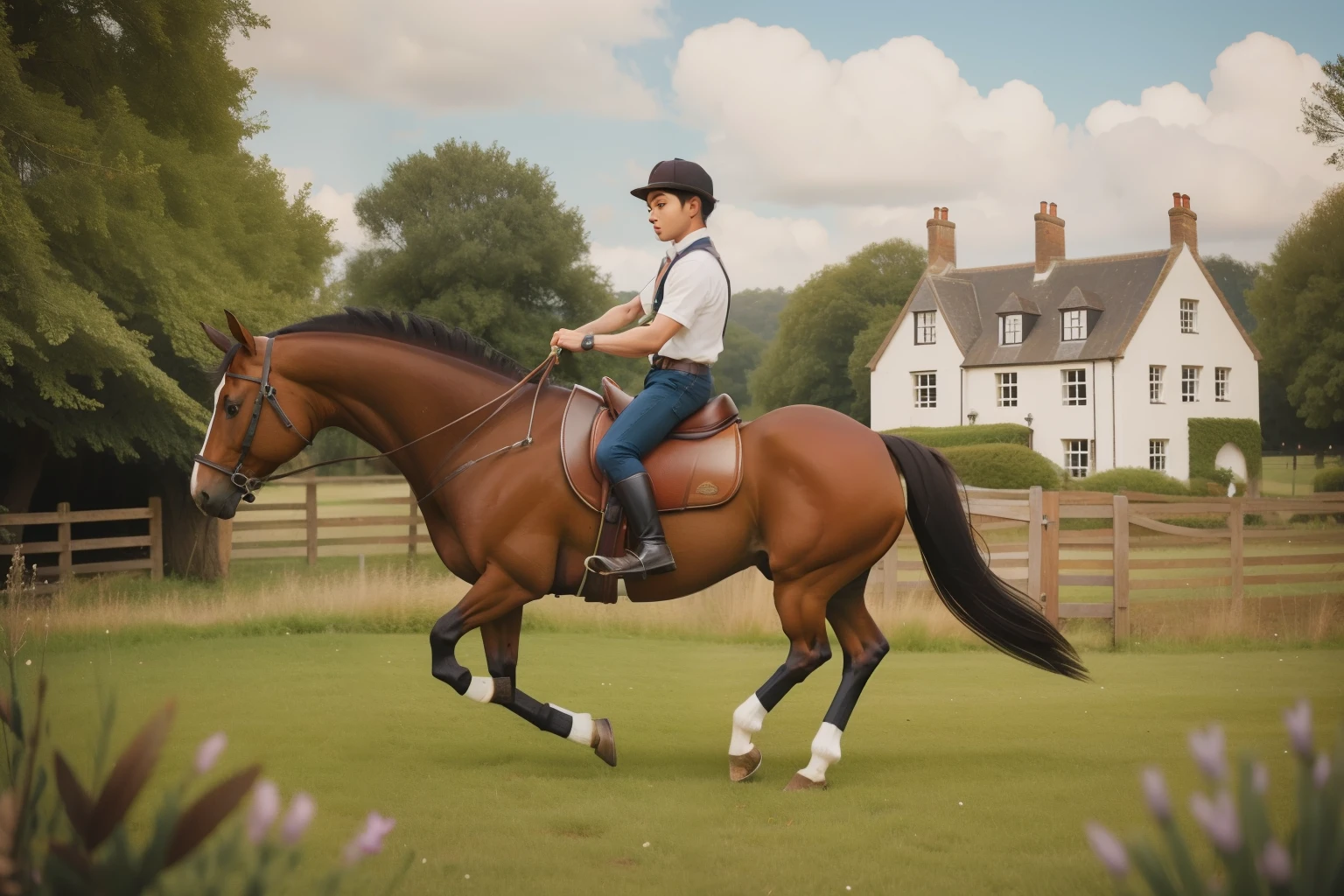 Within the rustic stableyard of a Scottish manor in the 2010s, a fifteen-year-old Latino boy, with a riding crop and jodhpurs, gracefully leaps onto the back of a vintage horse, capturing the spirited grace of an English countryside equestrian pursuit.