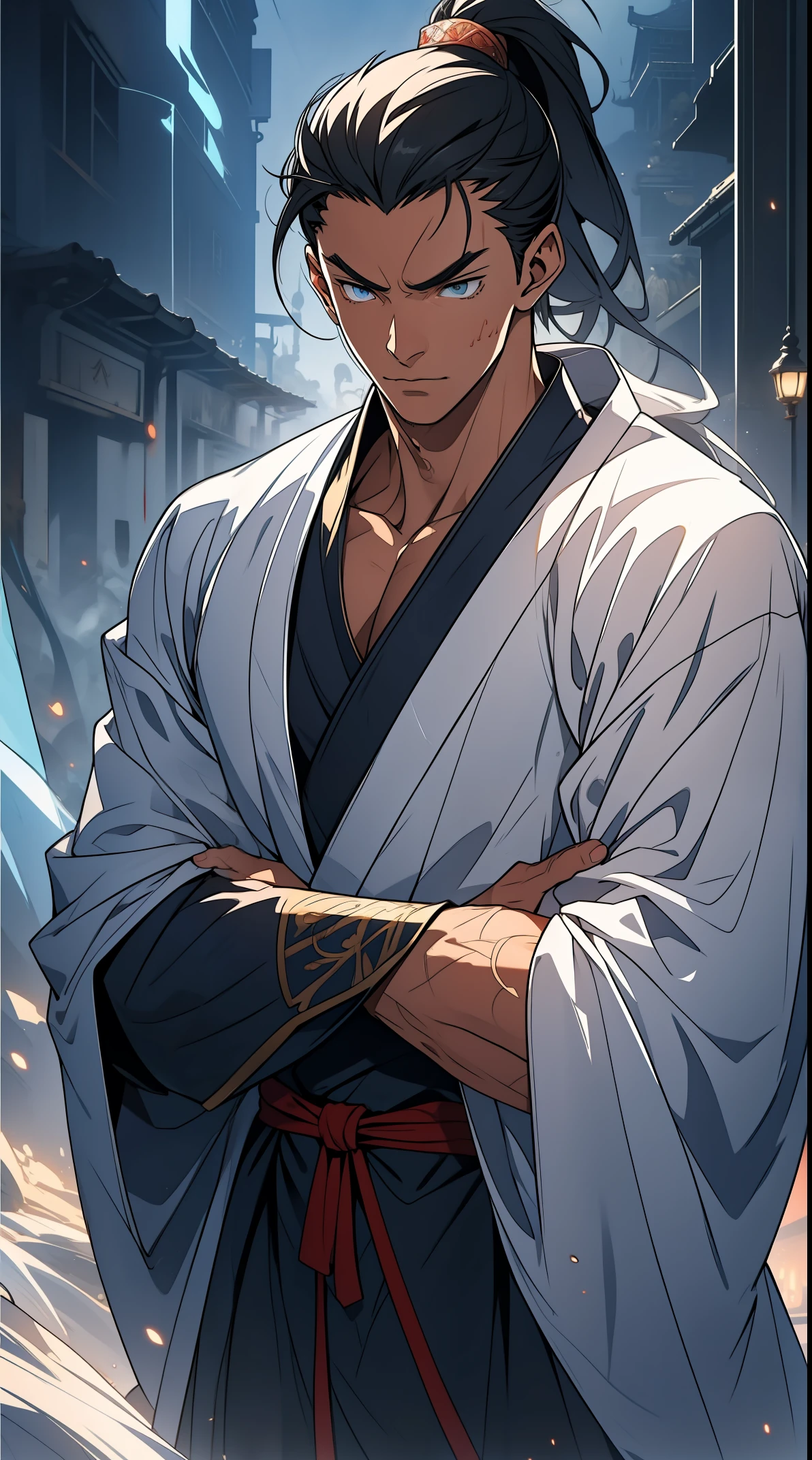 Two dimensions，anime style，one person（male warrior），proportions are correct，facial details，swordsman，high ponytail hairstyle，neck detail，Have an Adam&#39;s apple，White robe，joke，white robe，clothing details，transfer，long sleeves，Game quality，fencing，Ray tracing，Ray tracing，Detailed glow，CG rendering，hair details，long black hair，blue eyes，Handsome，Handsome，（Youthful feeling），Clothing is complicated，Perfect composition，refine，high quality，higher details，many details，Complex background，a sense of atmosphere，