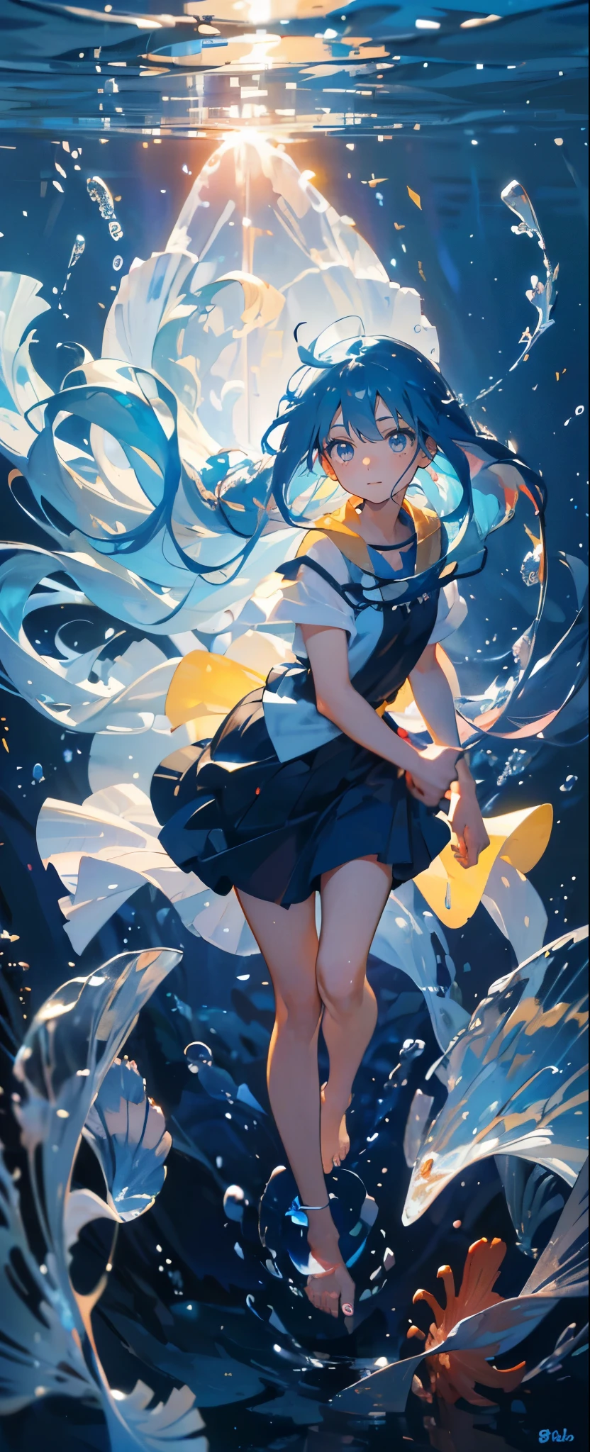 (muste piece), (best quality), highly detailed face, 1 girl, Solo Full Body Shot, perfect face, beautiful girl, highly detailed face,(Blue hair long hair:1.5),(blue eyes:1.4),(barefoot:1.4),(in water:1.4),(Floating hair:1.3),sink,school of fish,Light,jellyfish,seaweed,Red fish,Yellow fish,deep sea,fantasy,smile