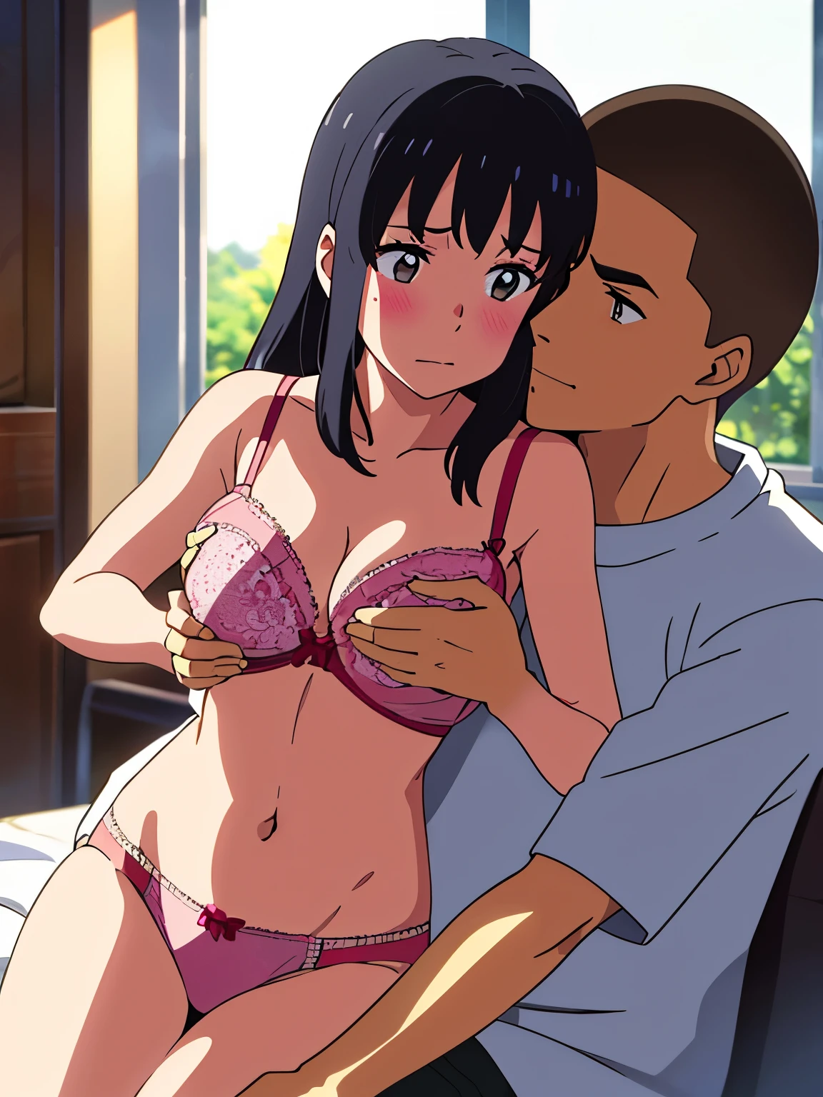 masterpiece:1.6, best quality), finely detailed beautiful eyes: 1.2), colorful, shinkai makoto, kimi no na wa., 1boy, buzzcut, muscular, brown eyes, , boy caressing girl's body, breast groping, breast grope, hold breast,1girl, bangs, black hair, waterfall braid, red ribbon, long hair, blush, bow, brown eyes, pink bra lift up, medium breast, pink , , pink panties, indoors, sit, sitting on bed , bed,bedroom, lamp, cowboy shot, face to face, lick cheeks
