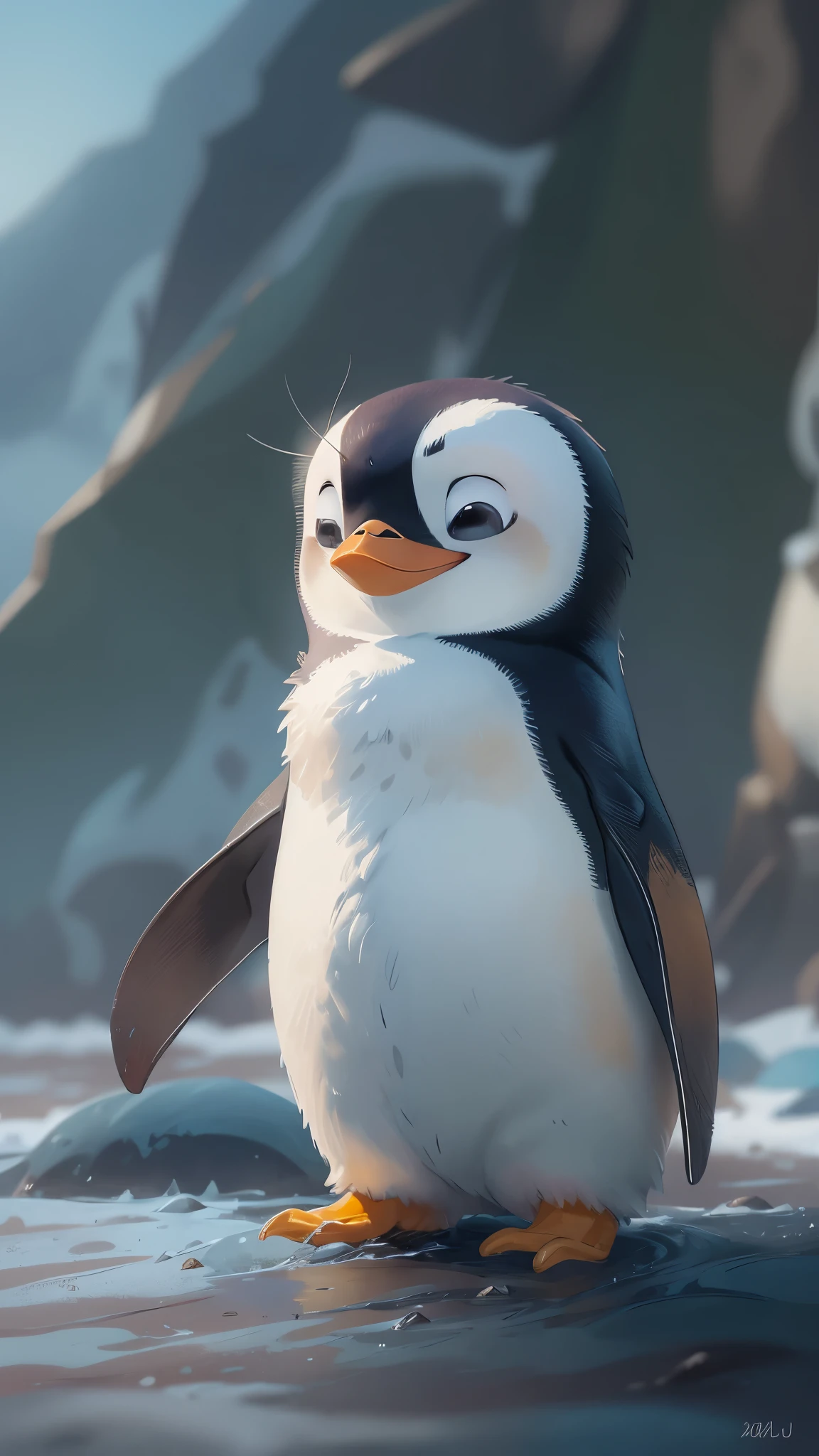 一只可爱的emperorpenguin在雪地上玩耍，front view，close up, Pixar style, best quality, stills, very cute,  ，happy((emperorpenguin))，high details, high quality, masterpiece, ccurate, super detail，