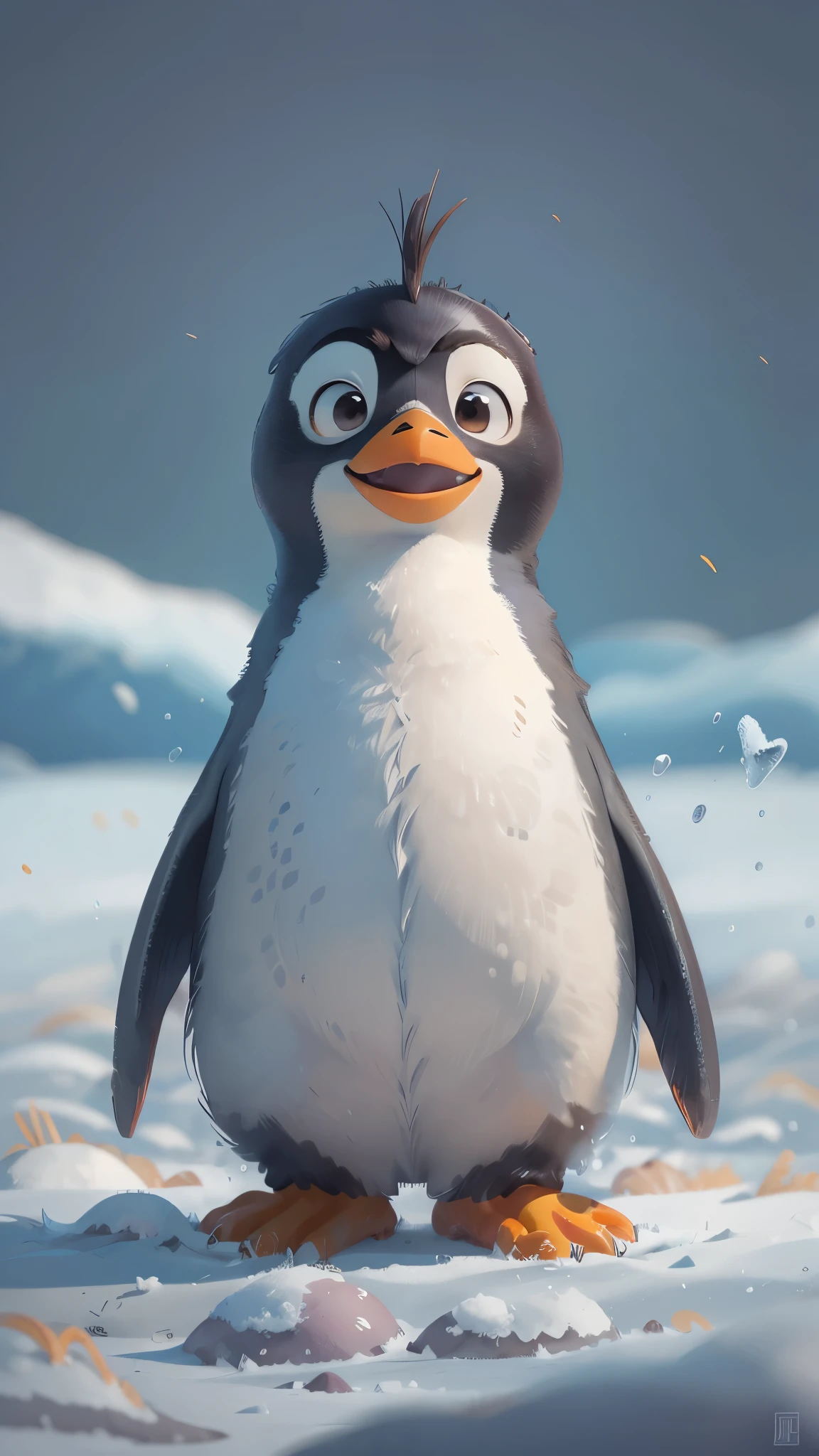 一只可爱的emperorpenguin在雪地上玩耍,front view,close up, Pixar style, best quality, stills, very cute, ,happy((emperorpenguin)),high details, high quality, masterpiece, ccurate, super detail,