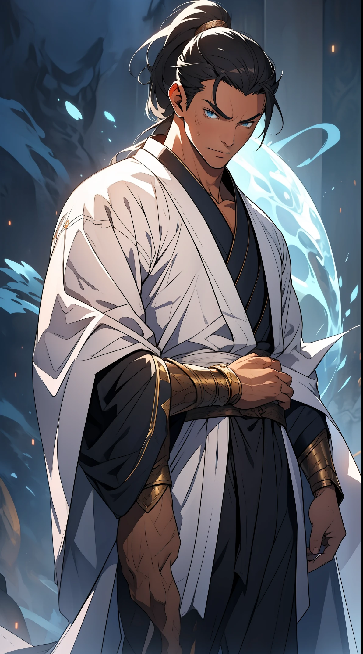 Two dimensions,anime style,one person(male warrior),proportions are correct,facial details,swordsman,high ponytail hairstyle,neck detail,Have an Adam's apple,White robe,joke,white robe,clothing details,transfer,long sleeves,Game quality,fencing,Ray tracing,Ray tracing,Detailed glow,CG rendering,hair details,long black hair,blue eyes,Handsome,Handsome,(Youthful feeling),Clothing is complicated,Perfect composition,refine,high quality,higher details,many details,Complex background,a sense of atmosphere,