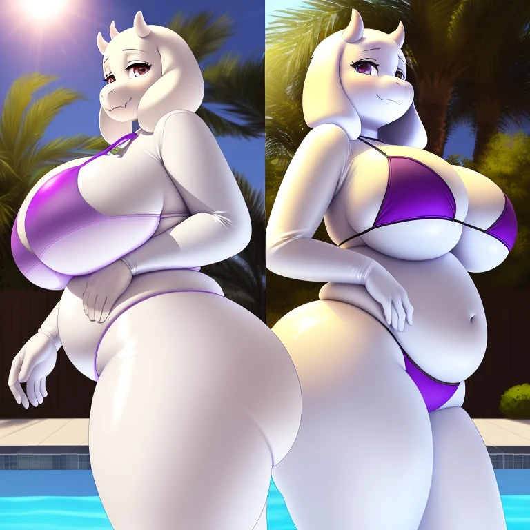 female, (((inflatable Toriel))), ((living inflatable))), (((inflatable skin))), (((round impossibly large breasts, huge thighs, impossibly large ass))), wear (((purple bikini))), (detailed goat Toriel, mom, chubby, inflatable), (detailed lighting), (detailed fur), (detailed breasts), (detailed skin), BREAK, ((standing at hotel suite outdoor swimming pool with plant on sunny day)), (cinematic lighting), ((detailed background)), ((depth of field)), (half body shadow), ((looking at viewer)), (low-angle view), ((three-quarter view)), [backlighting], [detailed ambient light], [gray natural lighting], [ambient light on the belly], [realistic proportions], [explicit content, adult, nsfw], [sharp focus], (questionable content), (shaded), (hi res), ((masterpiece)), dual picture, 