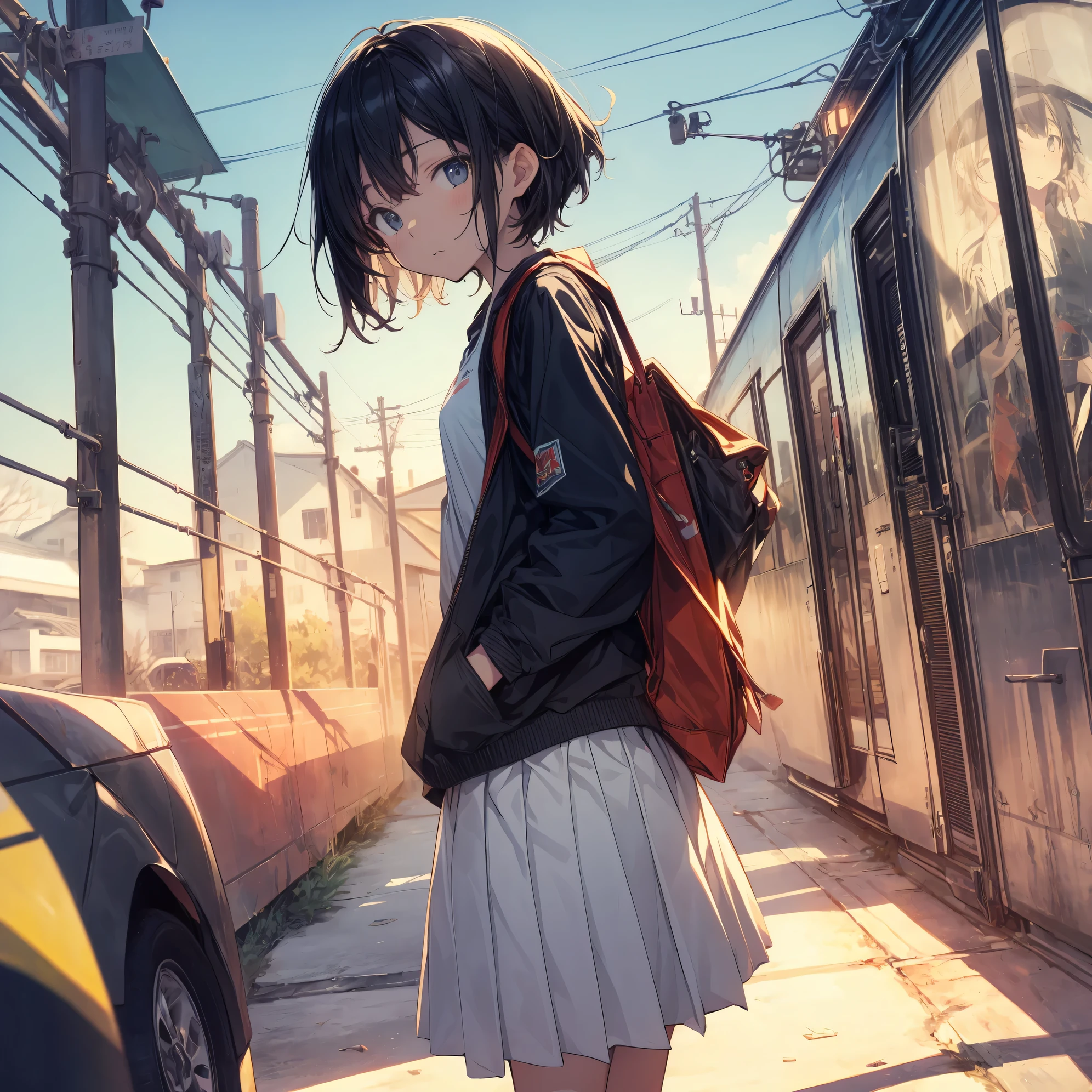 super highest quality, super detailed, High resolution, anime moe art style, best anime 8K konachan wallpaper, pixiv contest winner, perfect anatomy, break,(眠そうにalone学校へ行く女の子を描いてください. ),break, surreal high school girl, (alone,change, child,:1.3),All limbs, full finger,Middle school students, androgynous charm, ((very short hair)), messy hair, flat chest, small ass, between legs, Small black eyes,beautiful and fine eyes, Well-proportioned iris and pupils, disgusted eyes, High resolutionの詳細な髪, school uniform, (skirt), On the way to school. break,super dense skin, Best lighting by famous artists, 8K, figure,