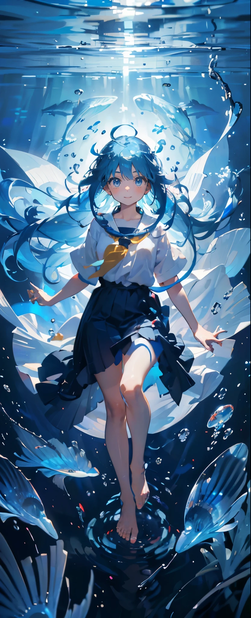 (muste piece), (best quality), highly detailed face, 1 girl, Solo Full Body Shot, perfect face, beautiful girl, highly detailed face,(Blue hair long hair:1.5),(blue eyes:1.4),(barefoot:1.4),(in water:1.4),(Floating hair:1.3),sink,school of fish,Light,jellyfish,seaweed,Red fish,Yellow fish,deep sea,fantasy,(smile:1.2)