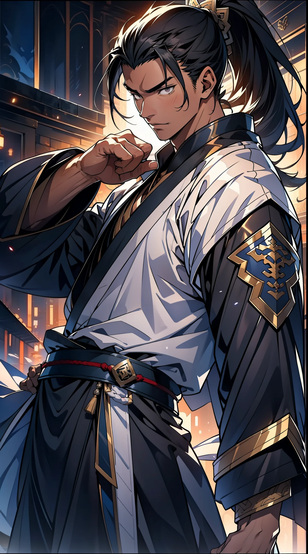 Two dimensions,anime style,one person(male warrior),proportions are correct,facial details,swordsman,high ponytail hairstyle,neck detail,Have an Adam's apple,Black period costume,joke,black toga,clothing details,transfer,long sleeves,Game quality,fencing,Ray tracing,Ray tracing,Detailed glow,CG rendering,hair details,long black hair,s eyes,Handsome,Handsome,(Youthful feeling),Clothing is complicated,Perfect composition,refine,high quality,higher details,many details,Complex background,a sense of atmosphere,