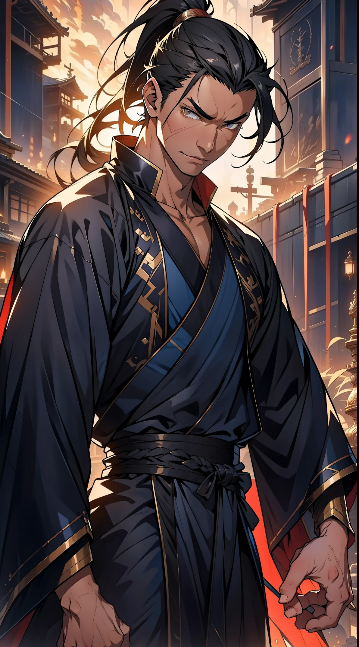 Two dimensions，anime style，one person（male warrior），proportions are correct，facial details，swordsman，high ponytail hairstyle，neck detail，Have an Adam&#39;s apple，Black period costume，joke，black toga，clothing details，transfer，long sleeves，Game quality，fencing，Ray tracing，Ray tracing，Detailed glow，CG rendering，hair details，long black hair，s eyes，Handsome，Handsome，（Youthful feeling），Clothing is complicated，Perfect composition，refine，high quality，higher details，many details，Complex background，a sense of atmosphere，