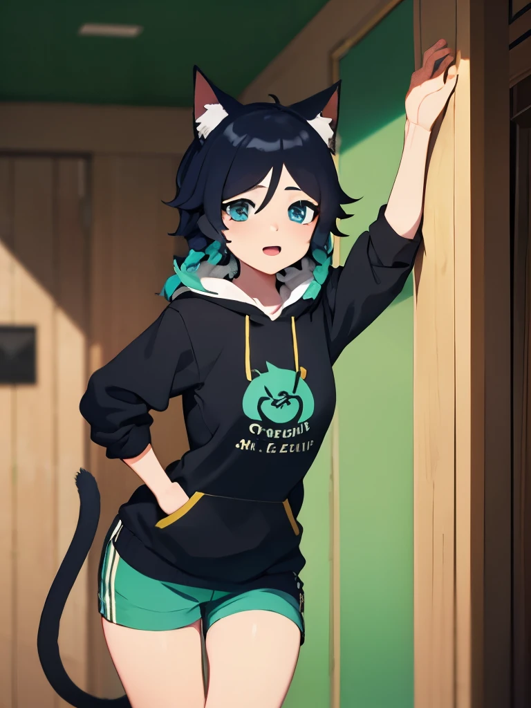 Venti stands in a sexy pose, Venti has average medium breasts, Venti has cat ears and a tail, Venti is wearing a hoodie and shorts.