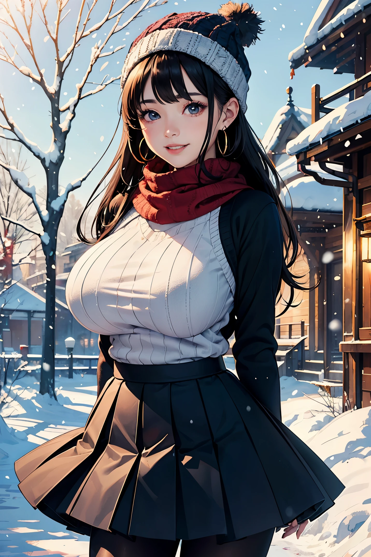 20 year old woman、(masterpiece:1.4)、(highest quality:1.4)、ultra high resolution、A little anime style、beautiful features、black long hair、knit hat、Scarf、earrings、sweater、pleated skirt、black tights、(huge breasts:1.1)、red face、smile、stand、arms behind body、It's snowing、garden