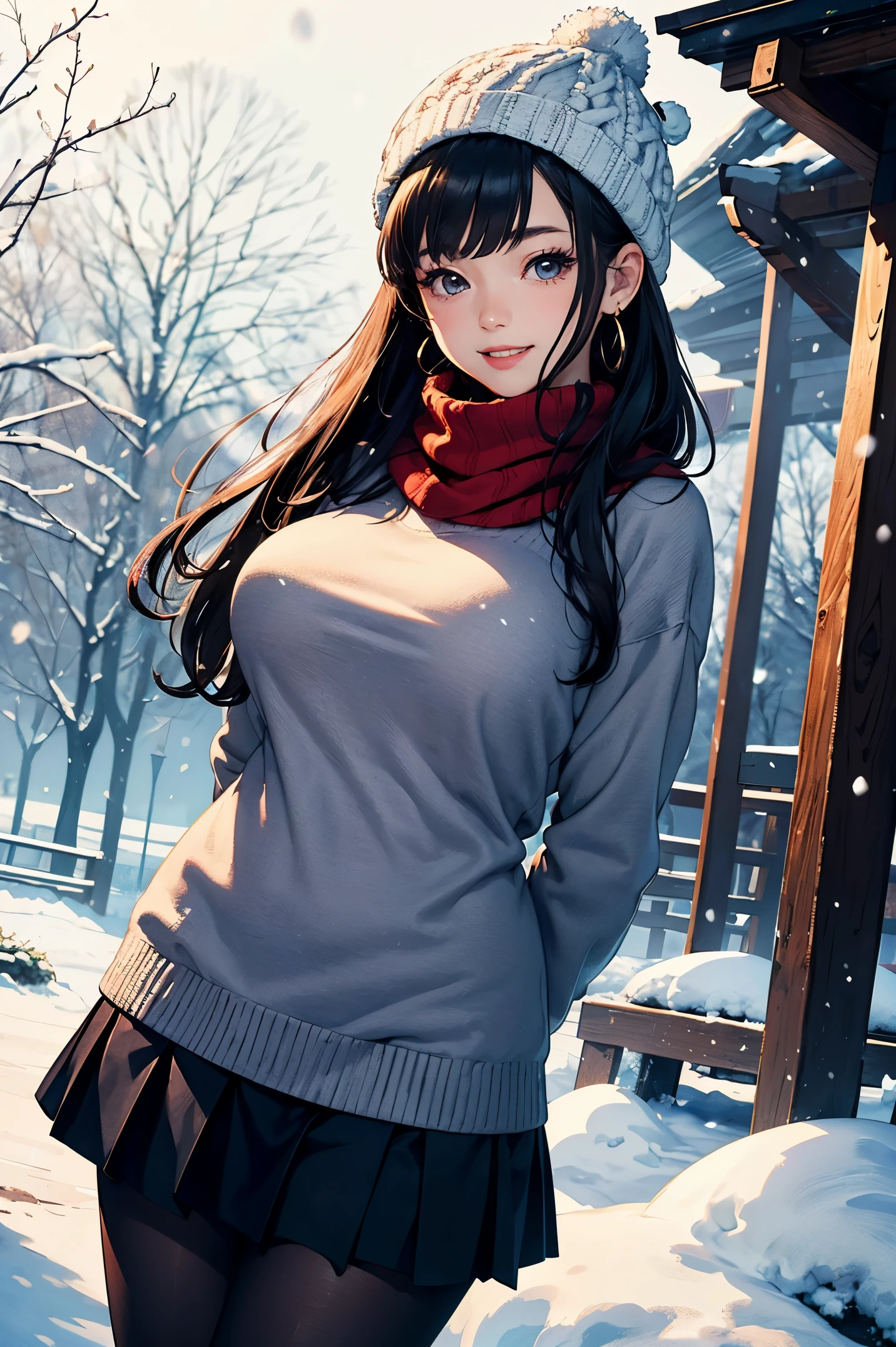 20 year old woman、(masterpiece:1.4)、(highest quality:1.4)、ultra high resolution、A little anime style、beautiful features、black long hair、knit hat、Scarf、earrings、sweater、pleated skirt、black tights、(huge breasts:1.1)、red face、smile、stand、arms behind body、It&#39;s snowing、garden