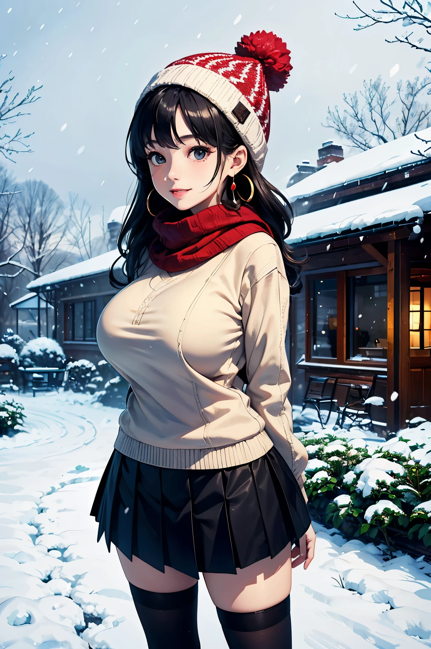 20 year old woman、(masterpiece:1.4)、(highest quality:1.4)、ultra high resolution、A little anime style、beautiful features、black long hair、knit hat、Scarf、earrings、sweater、pleated skirt、black tights、(huge breasts:1.1)、red face、smile、stand、arms behind body、It&#39;s snowing、garden