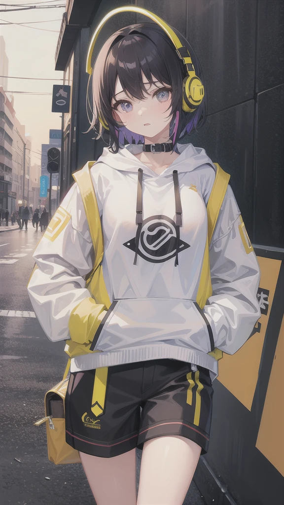 8K resolution、((highest quality))、((masterpiece))、((super detailed))、1 female、solo、incredibly absurd、oversized hoodie、headphones、street、outdoor、rain、neon、short cut hair、bright colored eyes、put one's hand in one's pocket、shorts、water dripping