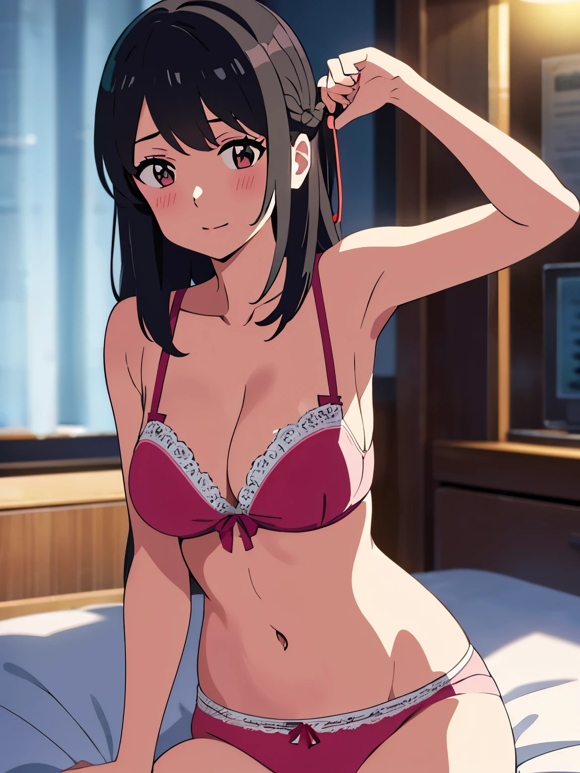shinkai makoto, kimi no na wa., 1girl, bangs, black hair, brown eyes, waterfall braid, red ribbon, long hair, solo, blush, looking at the viewer, arms up, sexy pose, cute, bedroom, night, lamp, light off, light pink bra, breast, medium breast, light pink panties, masterpiece,