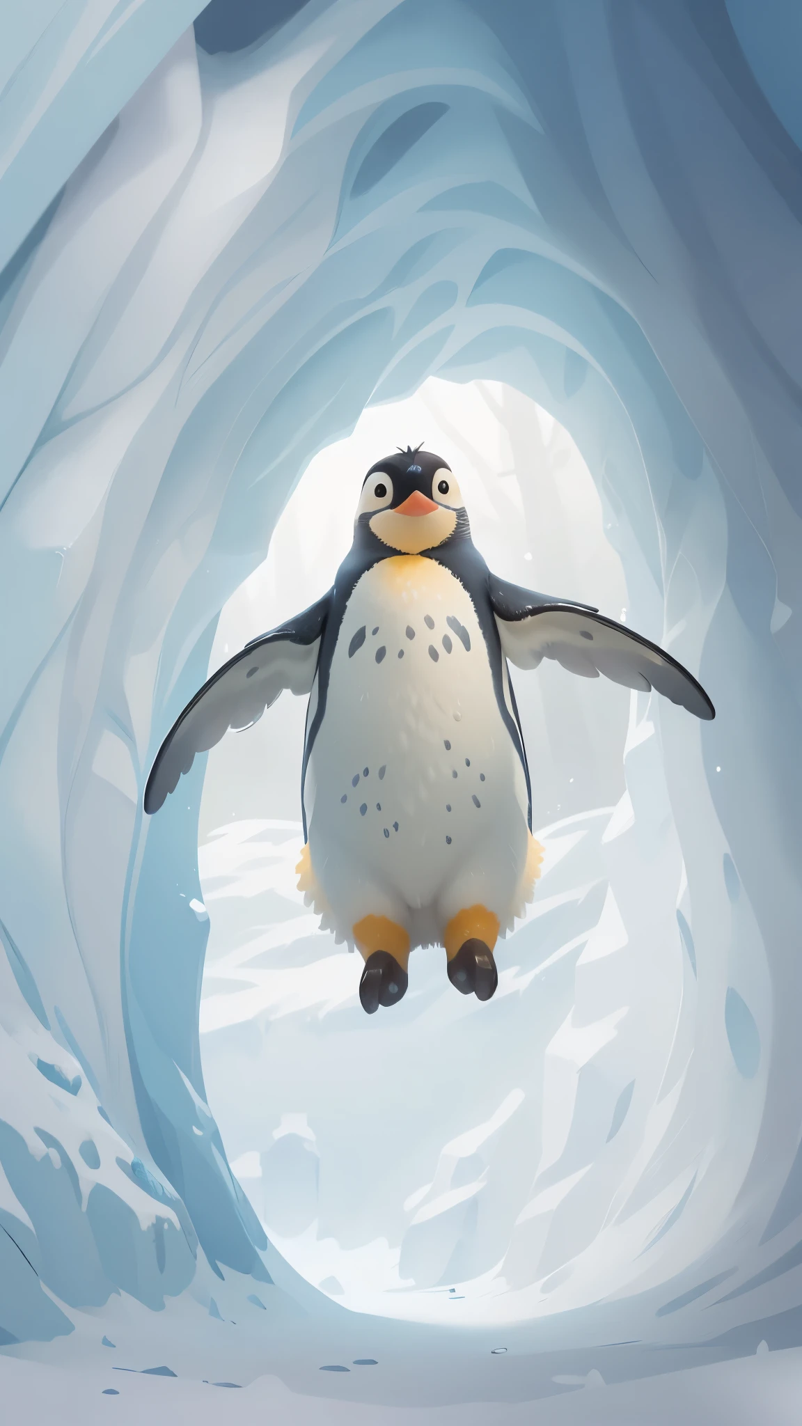 A cute emperor penguin jumps out of a snow cave,front view,close up, Pixar style, best quality, stills, very cute, ,Very happy,high details, high quality, masterpiece, ccurate, super detail,