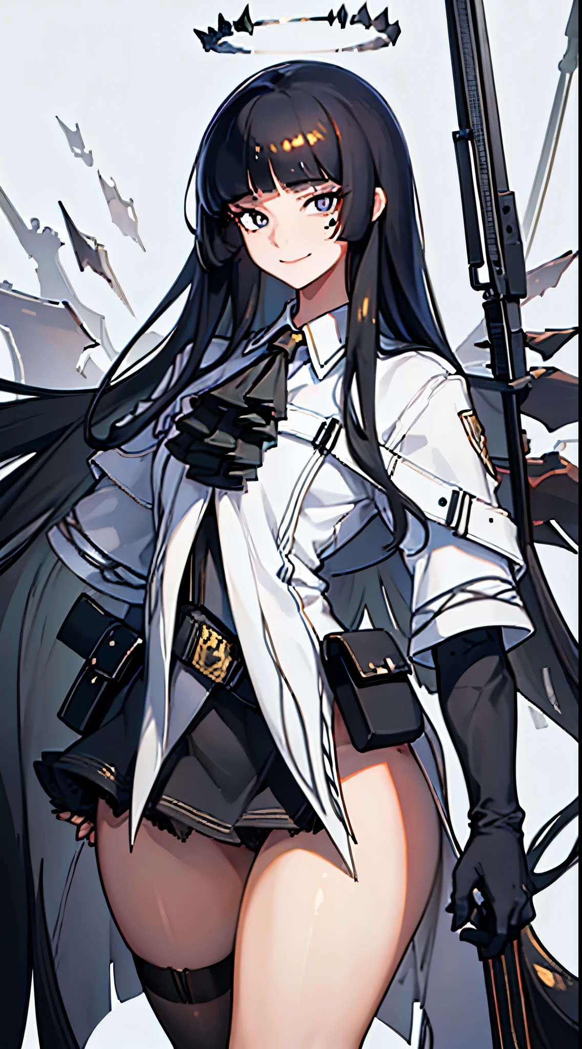 best quality, masterpiece, highres, solo, {virtuosa_arknights:1.15}, long_hair, bangs, black_hair, halo, smile, closed_mouth, ascot, very_long_hair, wings, black_eyes, blunt_bangs, 1girl, collared_shirt, shirt, looking_at_viewer, mole, mole_under_eye, simple_background, white_background, white_shirt, black_ascot, portrait, upper_body, voluptuous booty, busty, thicc thighs, cute, hot, sexy, bent over, back facing camera, seductive, erotic, on knees