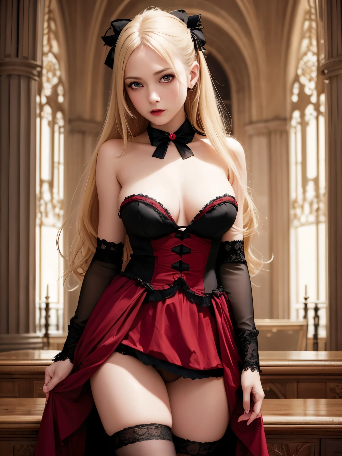 wide open legs blond girl with red bow , naked, realistic , gothic girl, beautiful fantasy , gothic princess, romanticism, uhd, , elegant victorian