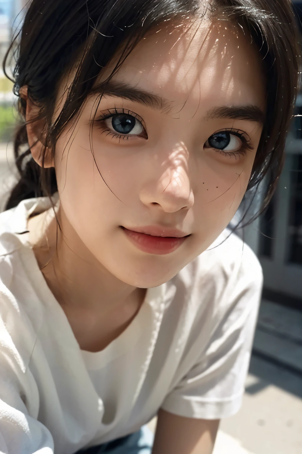 8k, masterpiece, best quality, lifelike, Super detailed, 1 girl, Asian, athletic body, lifelike皮肤纹理, (breast:1.0), (Smile:1.0), Gaze at the viewer, short length T-shirt, Tight T-shirt, tight vest, hot pants shorts, Miniature miniskirt, Very sexy, (split), ((lean over)), light, Face focus, beautiful eyes, Detailed face, Well-lit face, sunlight, close-up, Tokyo streets