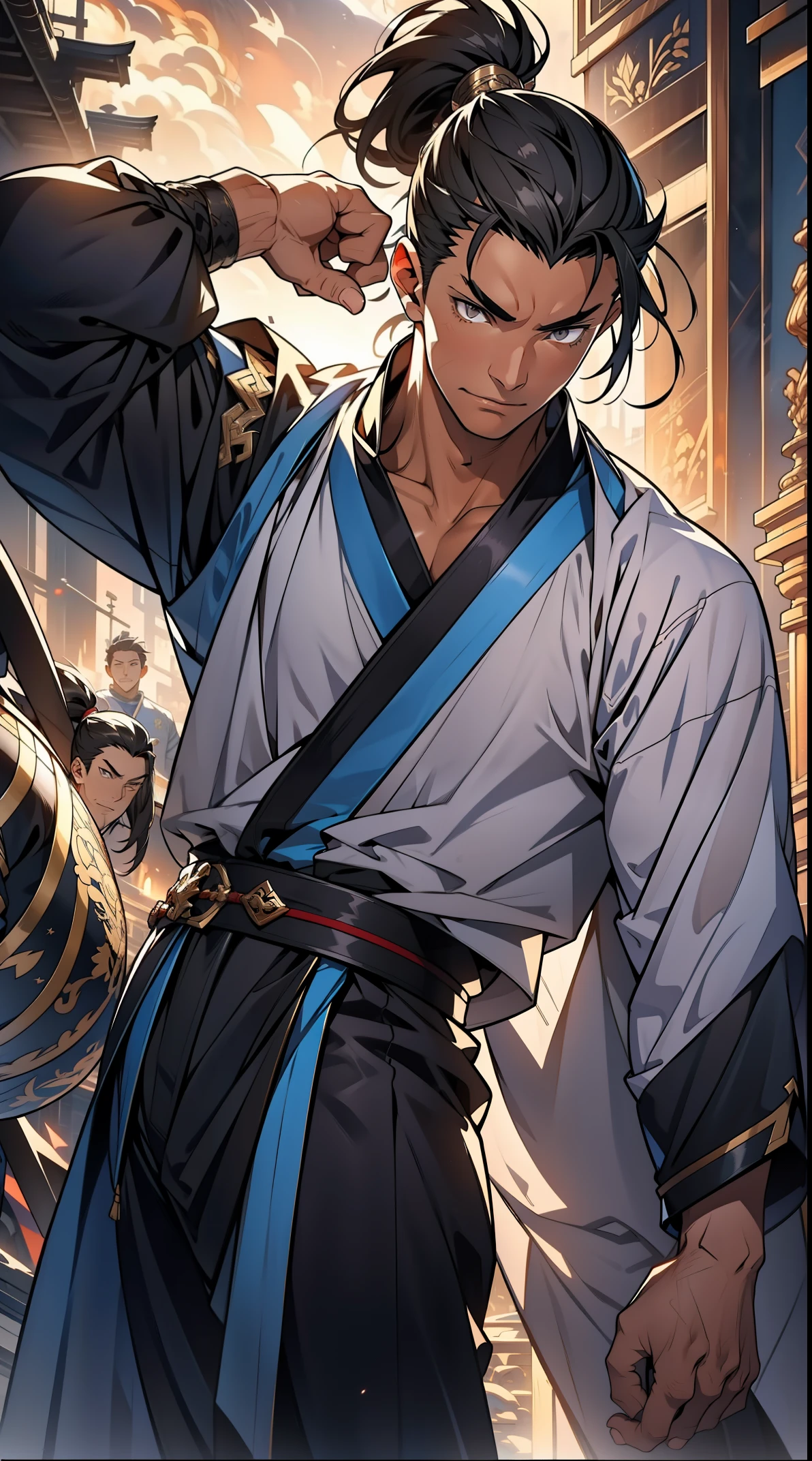 Two dimensions,anime style,one person(male warrior),proportions are correct,facial details,swordsman,high ponytail hairstyle,neck detail,Have an Adam's apple,Black period costume,joke,black toga,clothing details,transfer,long sleeves,Game quality,fencing,Ray tracing,Ray tracing,Detailed glow,CG rendering,hair details,long black hair,s eyes,Handsome,Handsome,(Youthful feeling),Clothing is complicated,Perfect composition,refine,high quality,higher details,many details,Complex background,a sense of atmosphere,