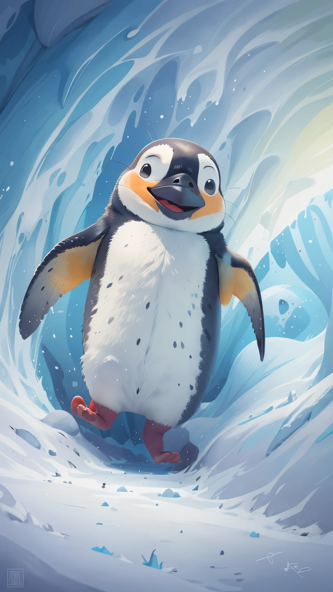 A cute emperor penguin jumps out of a snow cave,front view,close up, Pixar style, best quality, stills, very cute, ,Very happy,high details, high quality, masterpiece, ccurate, super detail,