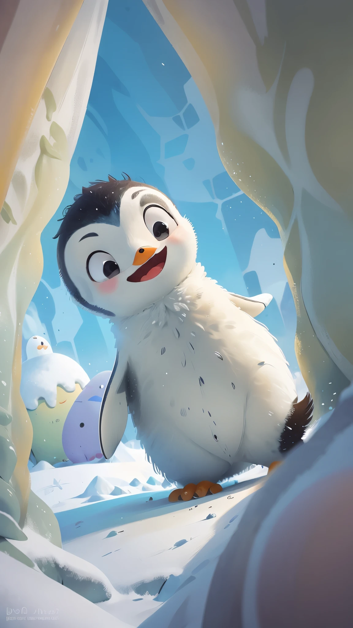 A cute emperor penguin jumps out of a snow cave，front view，close up, Pixar style, best quality, stills, very cute,  ，Very happy，high details, high quality, masterpiece, ccurate, super detail，