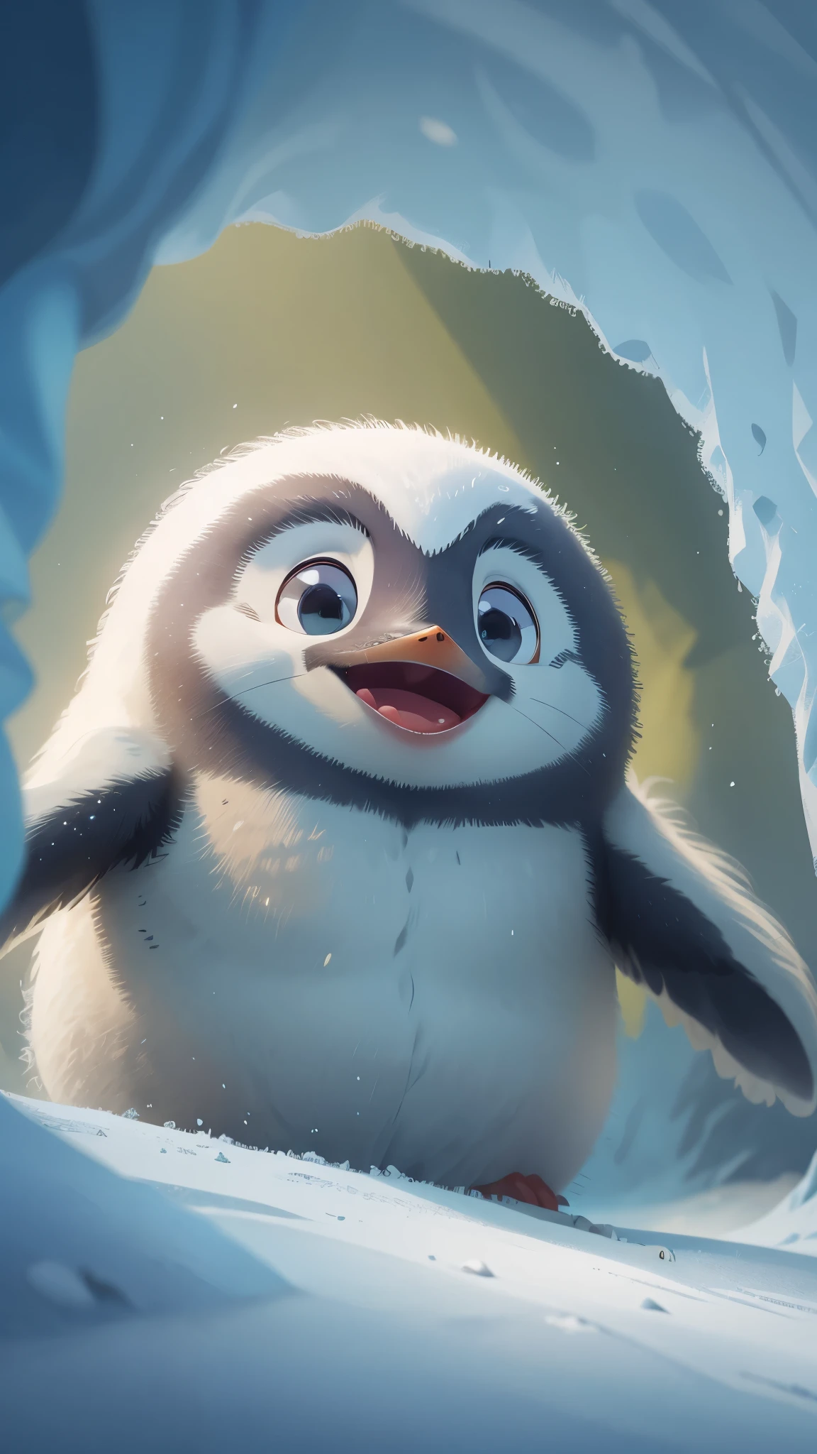 A cute emperor penguin jumps out of a snow cave，front view，close up, Pixar style, best quality, stills, very cute,  ，Very happy，high details, high quality, masterpiece, ccurate, super detail，