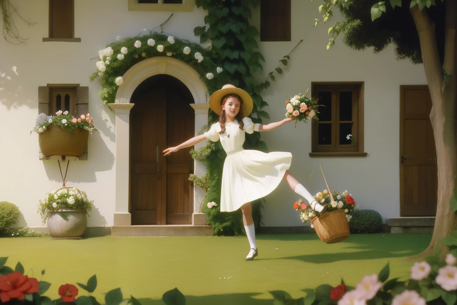 Along the ivy-covered walls of a Tudor-style manor in the 1990s, a fourteen-year-old white girl, with a straw hat and a basket of flowers, energetically participates in a lively game of maypole dancing, creating a dynamic tableau of traditional festivity.