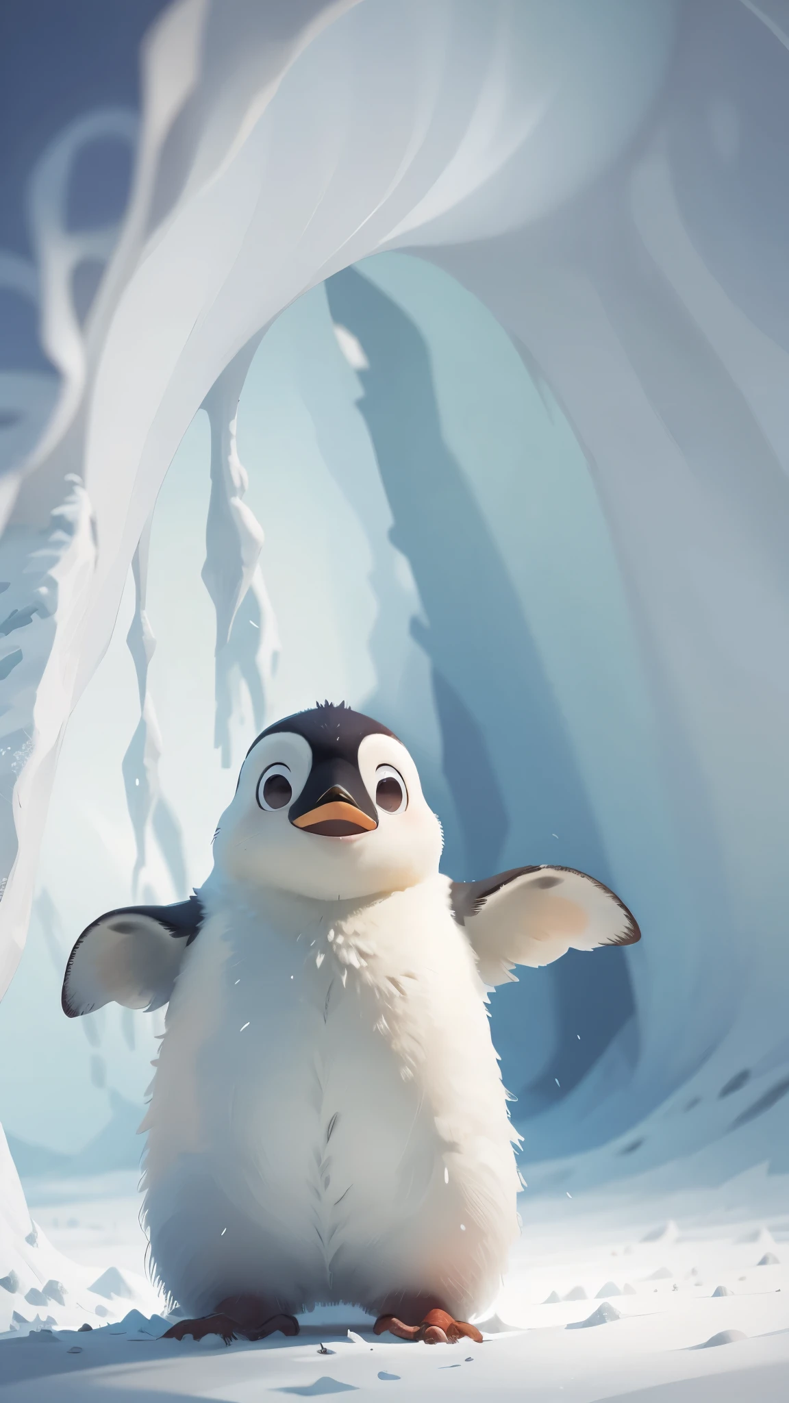 A cute emperor penguin jumps out of a snow cave，front view，close up, Pixar style, best quality, stills, very cute, big eyes,  ，Very happy，high details, high quality, masterpiece, ccurate, super detail，