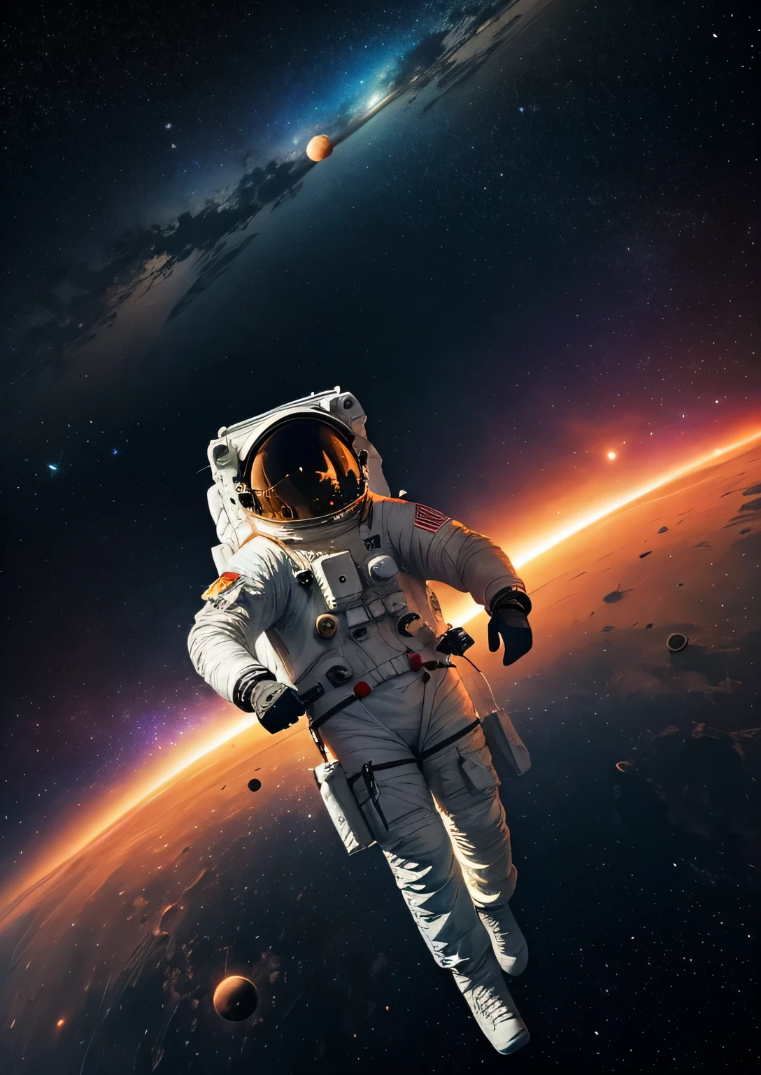 Illustrate an astronaut floating amidst a dazzling array of celestial bodies, with vivid colors capturing the beauty of the cosmos conceptual art
