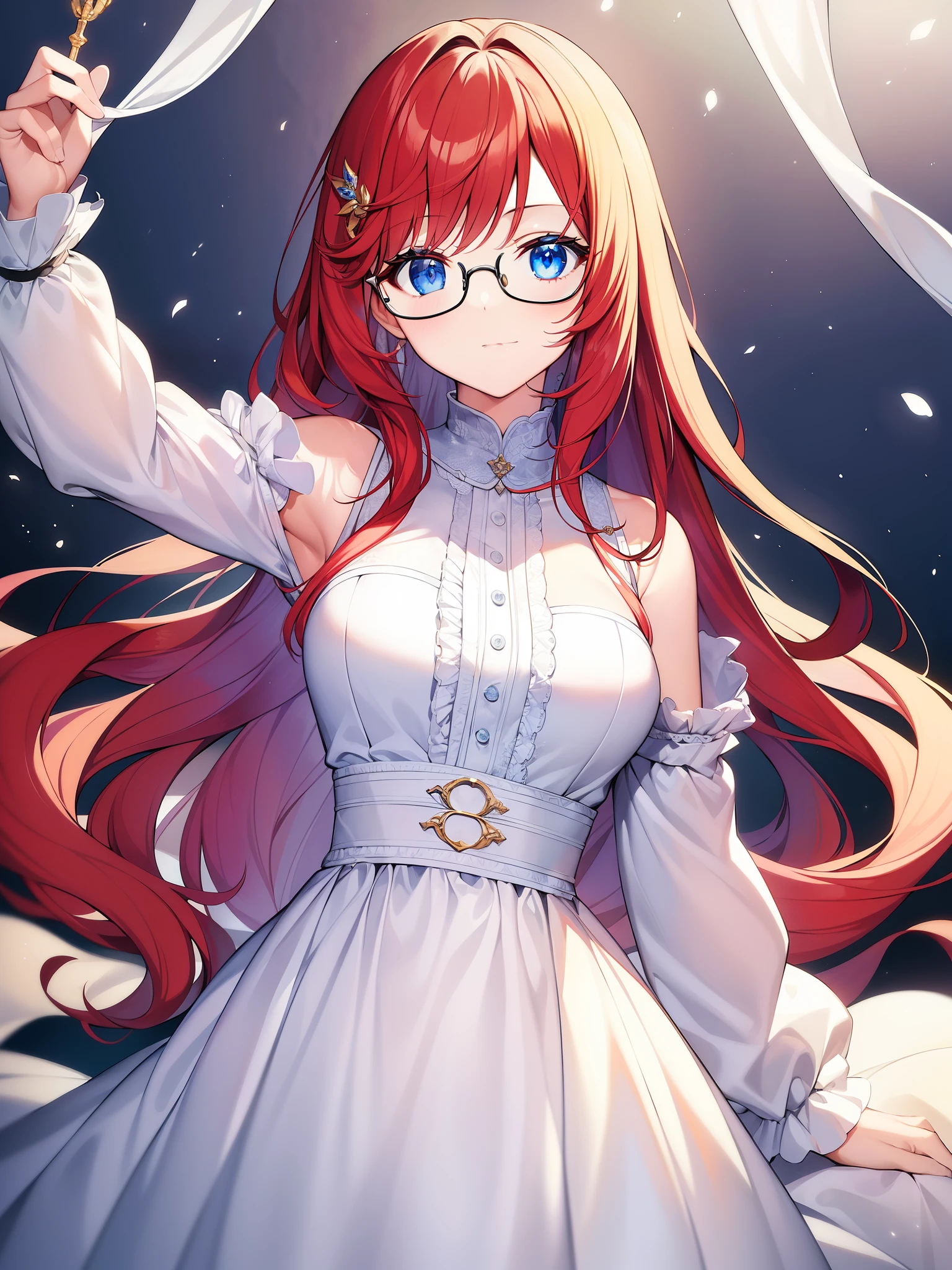 ((masterpiece、highest quality))、(complex lighting)、solo、1 girl、whole body、susan test、glasses、long hair、redhead、white clothes、blue eyes、simple background、hair ornaments