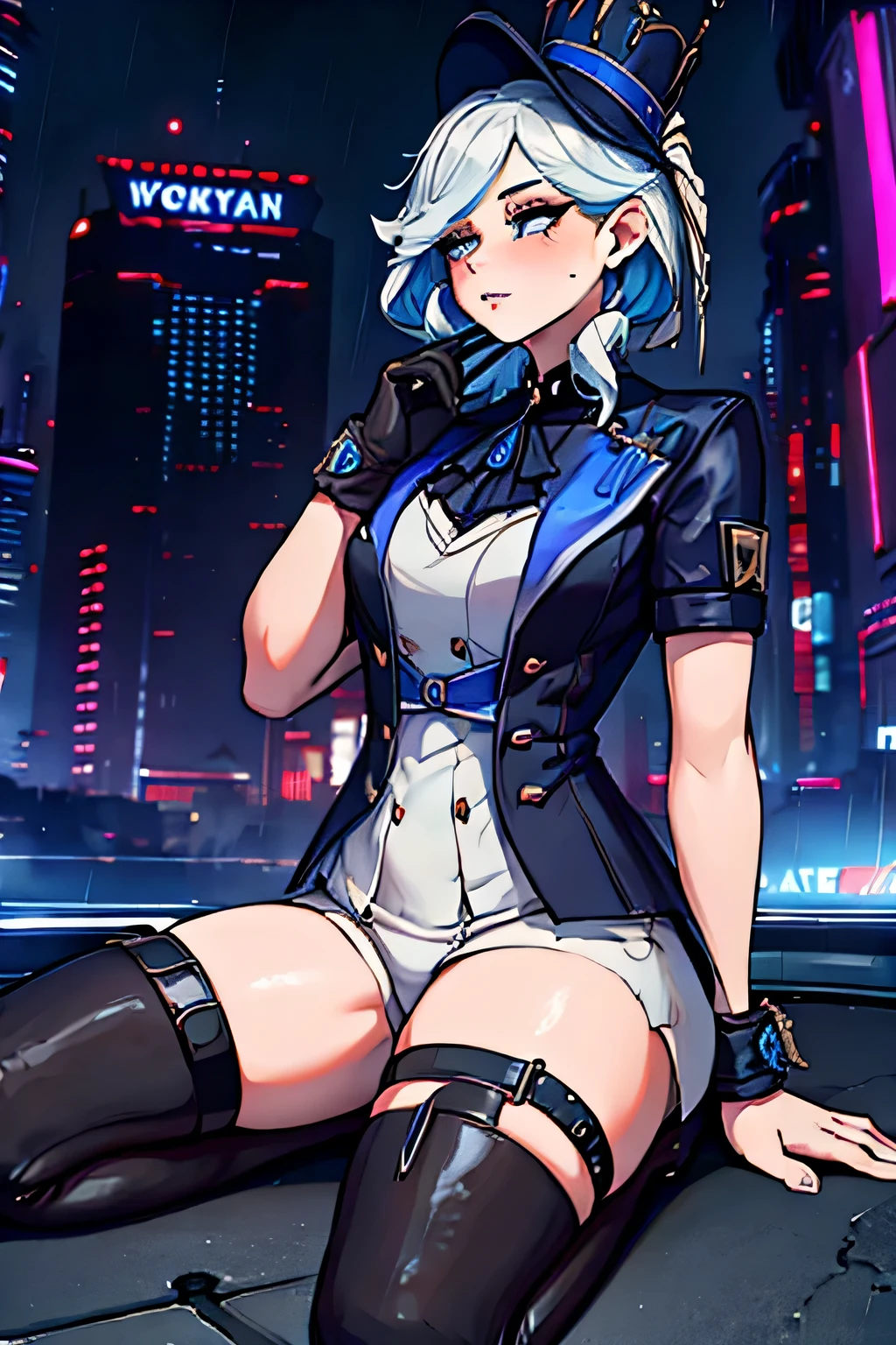 Furina Focalors, erotic, porn, Hentai style, short-sleeved jacket, heavy boots, cyberpunk, cyberpunk style, augmentations, cyberpunk augmentations, black metal hand, Cyber skin, incriminate, night city, rain, heavy rain