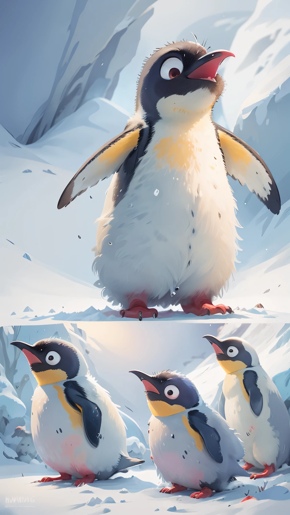 A cute emperor penguin jumps out of a snow cave，front view，close up, Pixar style, best quality, stills, very cute, big eyes,  ，Very happy，high details, high quality, masterpiece, ccurate, super detail，