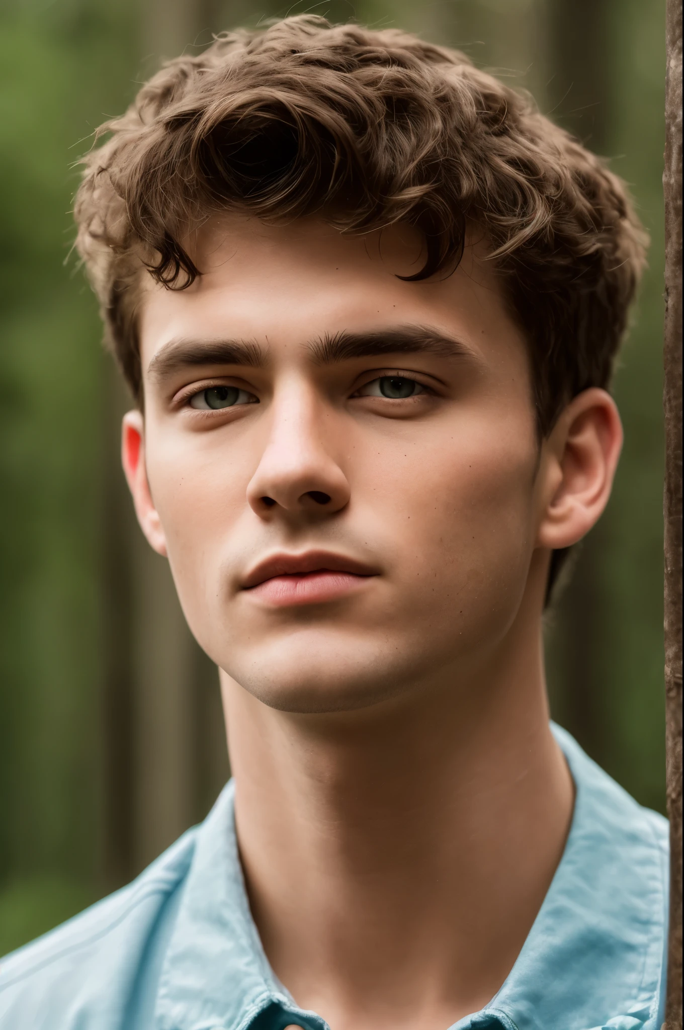 Masterpiece, portrait, head shot, handsome young Irish spartan warrior, short hair, masculine, tall, strong, teen, forest background, (high detail:1 1), rough face, buzz cut, natural skin, high quality, beautiful eyes, (detailed face and eyes), (face: 1 2), real photo, PSD, lamp film photography, sharp focus, contrast lighting, detailed skin, high resolution 8k, crazy detail, realistic, professional photography, 8k UHD, SLR camera, soft lighting, high quality, film grain, Fujifilm XT3
