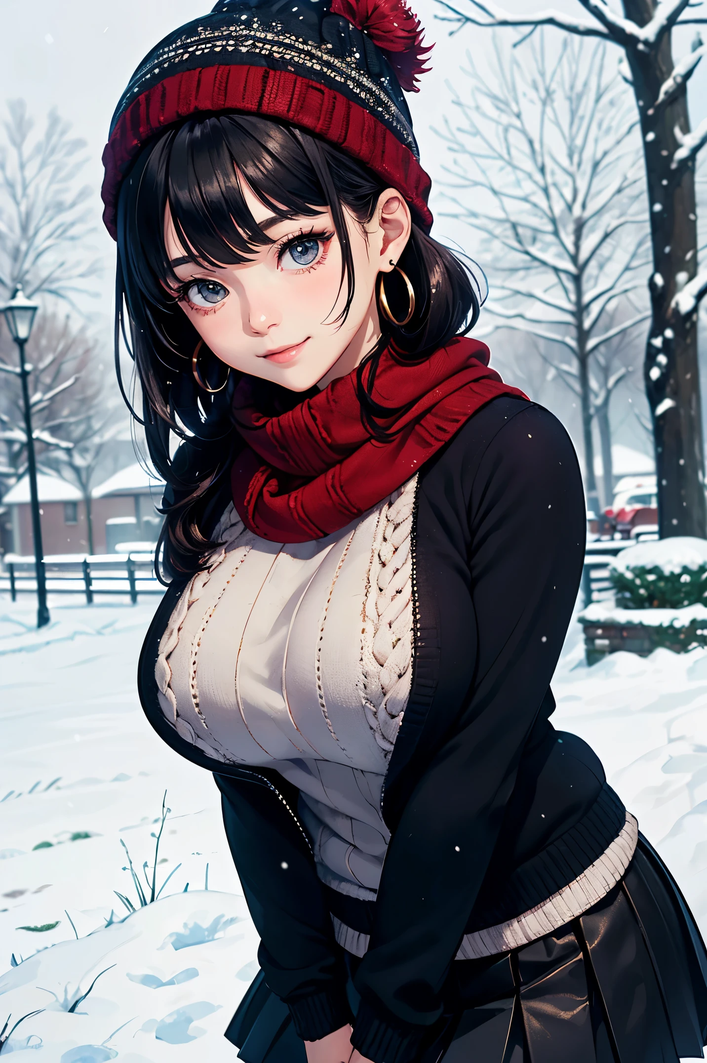 girl in winter clothes showing her breasts, ((detailed nipples)), holding breasts, (pantyhose), cityscape, medium breasts, ((very detailed)), perfectly detailed face, detailed hand, photorealistic image.