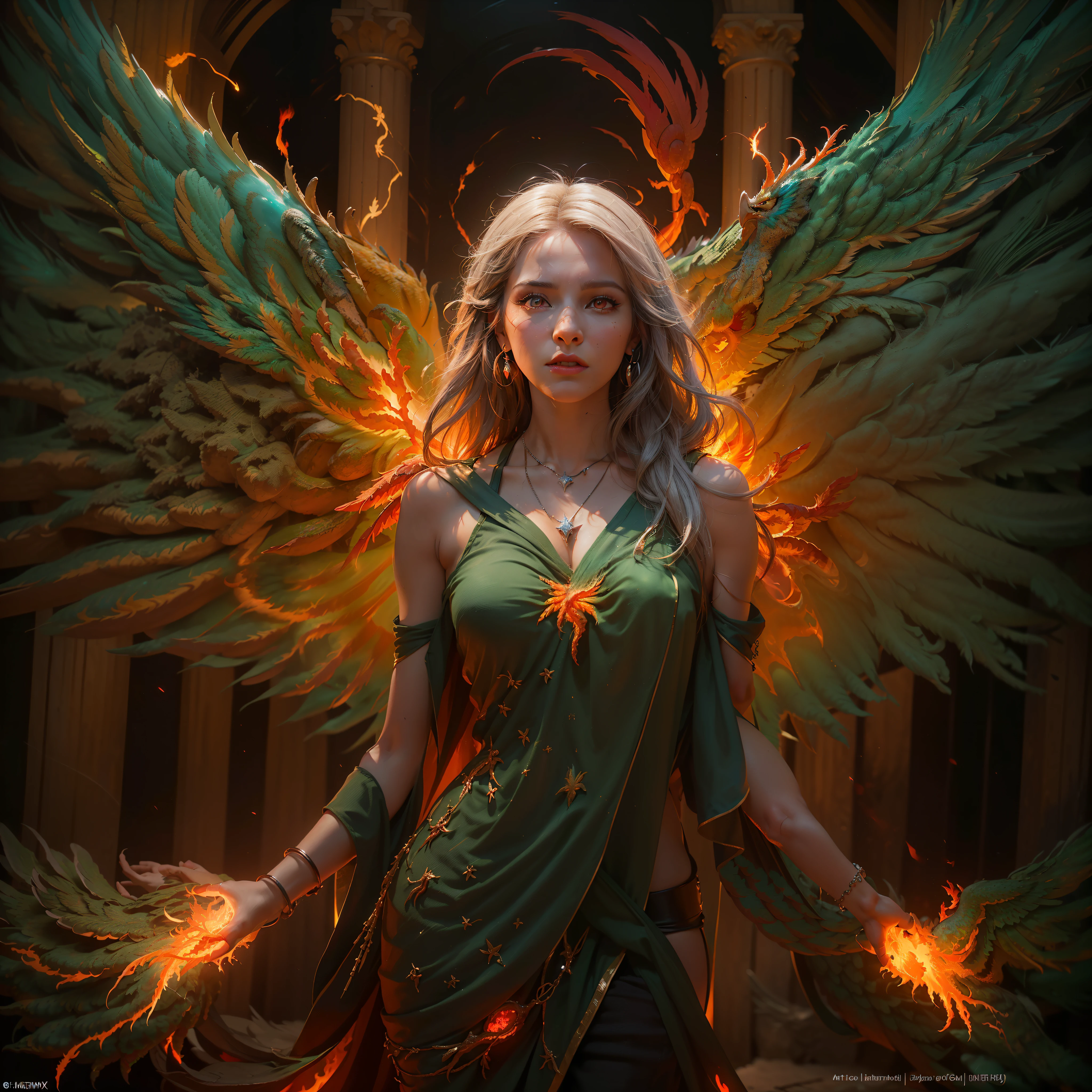 A collection of award-winning masterpieces, incredibly detailed, It has texture、maximum detail), (hyper realistic:1.4), (realistic:1.3), (top quality realistically textured skin), (Closely symmetrical eyes), detailed face, ((medieval world)), (((full body portrait))) (((Lord's Flame Phoenix)), (((Lord's Hell Phoenix))), (Bright, icy eyes), (((Full body standing image))), (she has a mischievous smile on her face)), (Eyes that glow red in the dark:1.5), (Red eyes that emit a strong red glow from within:1.5), (((Full body standing image))), bioluminescence, (背景にSwirling flamesと炎)), (dramatic light), (majestic scenery), (her expression is gentle and beautiful, But it's a little scary), glass earrings in her ears, (dramatic photos:1.4), (((gives Full body standing image))), (((dramatic pose))), ( Gorgeous Photo)), (golden hair), (silver hair), (chestnut hair), ((look up)), ((look down)), (simple, Around her neck was an elaborately crafted necklace.), (brightly glowing bioluminescence:1.3), (use flashy fire magic:1.2), (Swirling flames), Satanic great temple, devil's temple, great temple, Cathedral, temple ruins, temple away from temple, (Shining magic circle), ancient castle ruins, Shining Male Ratkowski:0.8), (teal and orange:0.4), (art station:1.5), cinematic, ((neutral color)), (HDR:1.5), ( calm colors:1.2)), very detailed, dramatic light, (intricate details:1.1), complex background, ((Big phoenix wings on the back:1.8))