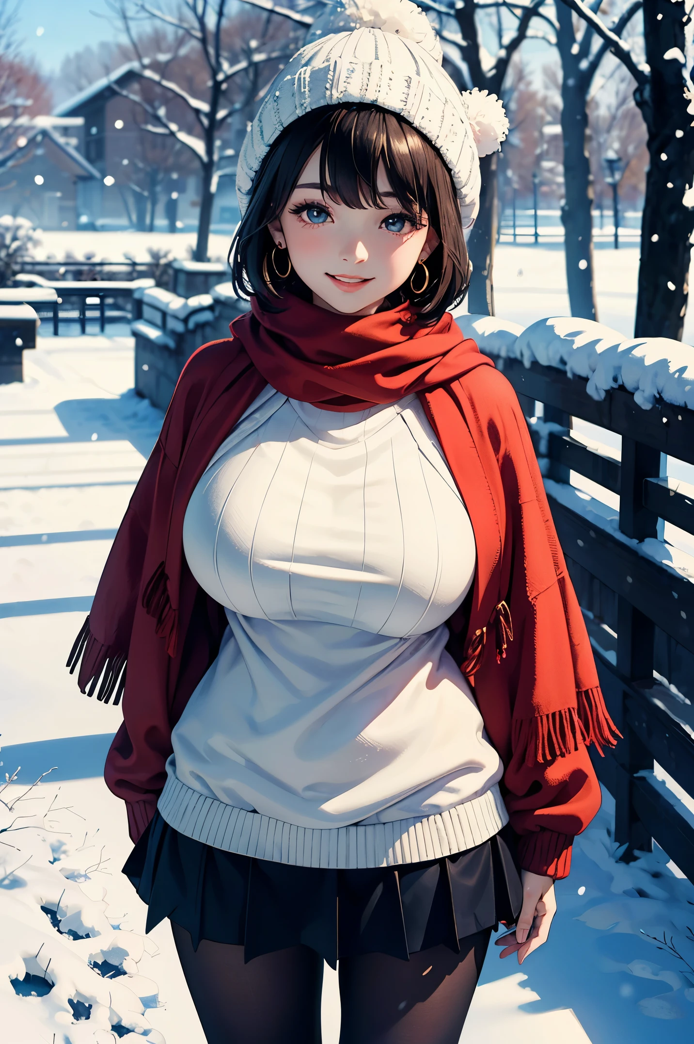 20 year old woman、(masterpiece:1.4)、(highest quality:1.4)、ultra high resolution、A little anime style、beautiful features、black short bob、knit hat、Scarf、earrings、sweater、pleated skirt、black tights、(huge breasts:1.1)、red face、smile、stand、arms behind body、It&#39;s snowing、garden