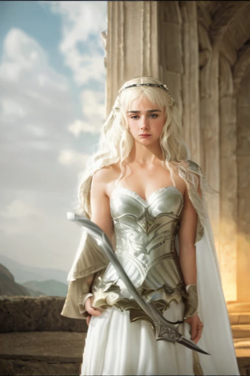 Blonde girl in white dress holding sword in dark room, Movie goddess shooting, Emilia Clarke plays the Greek goddess, Emma Watson plays blonde Aphrodite, Movie goddess full body photo, daenerys, still from a fantasy, Emma Watson plays the Snow Queen, also known as artemis selene, Kristen Bell as Greek goddess, daenerys targaryen