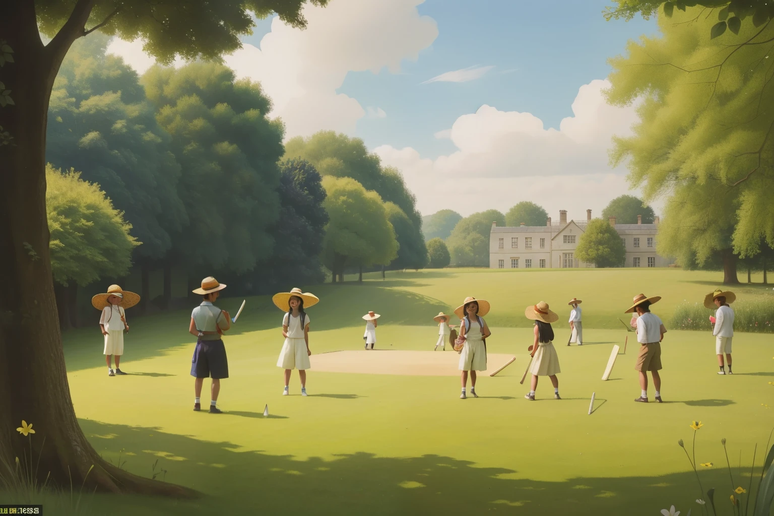 In the sunlit meadows surrounding an English manor in the 2000s, a sixteen-year-old Latino girl, with a straw hat and a vintage map, orchestrates a spirited game of traditional English cricket, the players engaged in lively competition amidst the verdant landscape.