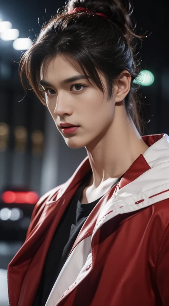 ((high quality)), ((masterpiece)), 8k, a man,26 years old,Handsome,a profound and charming face,Perfect body,golden ratio,wear a watch,Lean on the front of the sports car,,Handsome,short wolf tail hair,Cold,noble,,Big handsome guy
