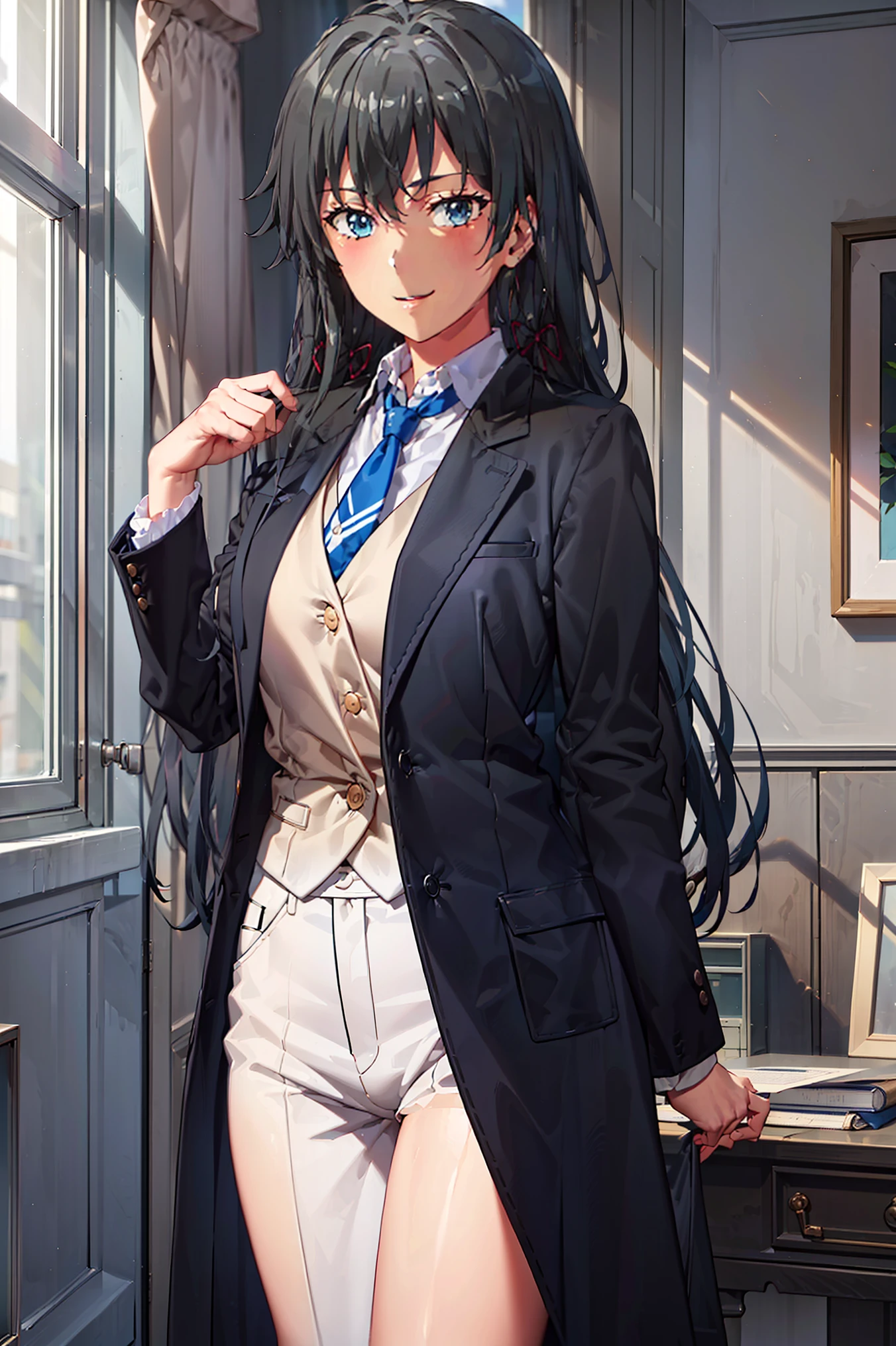 ((best quality)), ((masterpiece)), (detailed) 1girl 1girl, ;\), blurry, blurry_background, breasts, , hair_long , looking_at_viewer, ok_sign, one_eye_closed, open_hand, Yukinoshita Yukino ,Woman wearing formal clothes, An attractive coat stands in a large gap in the room , 1girl, 独奏, blue necktie, Black hair, eyes blue, long hair, smile , collared shirt, white pants, white shirt , Elegantly designed coat , Stand in front of a window ,Perfectly tailored tailcoat. It has a stunning Victorian design and is made of lustrous fabric , soft thighs , full body