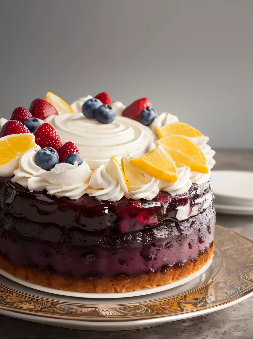 ((masterpiece、highest quality、Super detailed、High resolution、realistic、sharp focus))、((there are no humans))、high contrast、high color saturation、Notice the big cheesecake、Whole cakes、blueberry topping、stylish ceramic plate、Brick wall background、blurred background