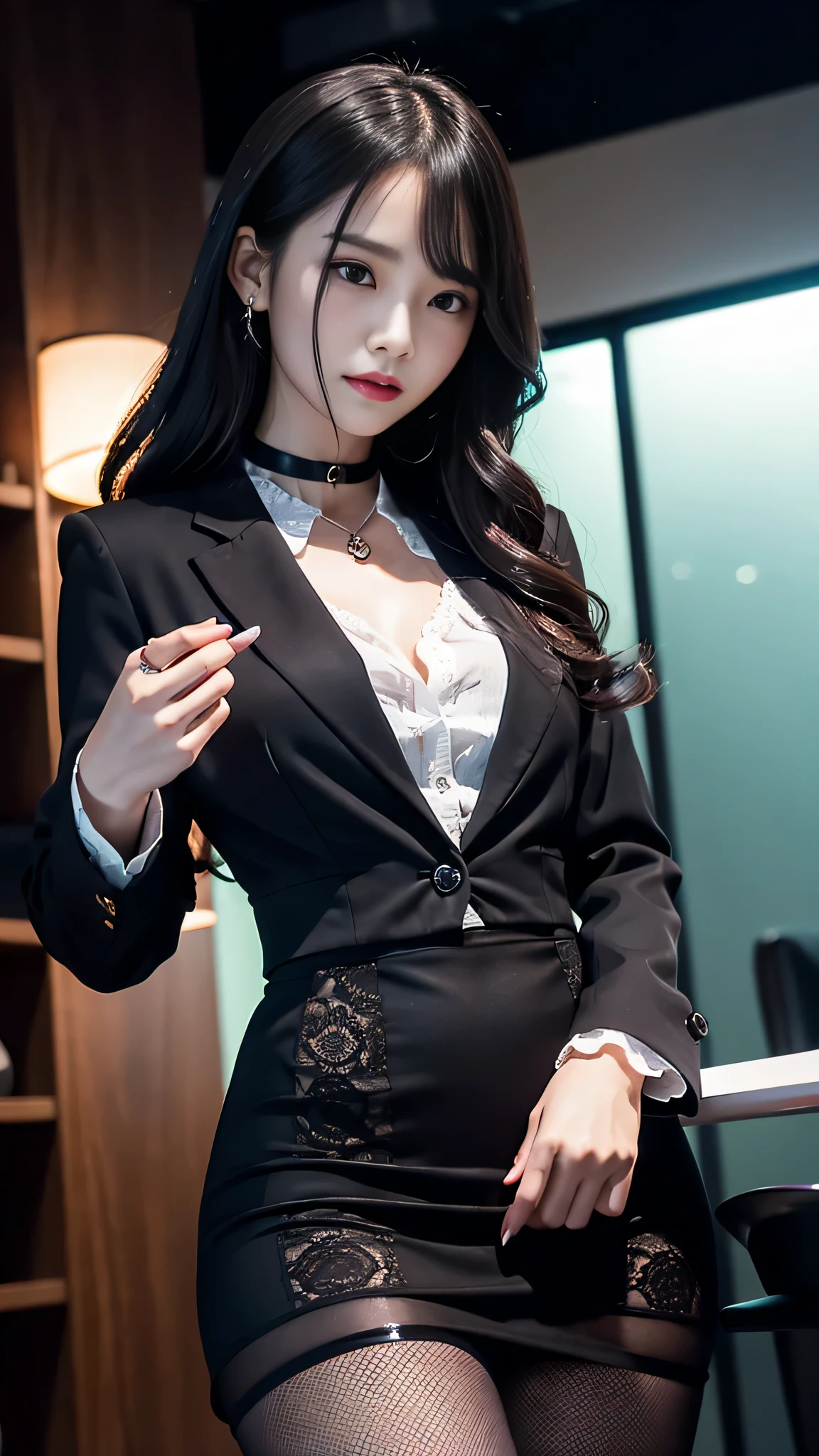 Super detailed、Japanese、charming beauty、Dainty woman、sharp eyes、cool girl、wavy hair、suit、Jacket、blouse、Tight Skirt、black pantyhose、evil female executive、evil depravity、brainwashing、Mind control、lacy fabric、Shiny legs、lipstick、have lip gloss、grin、邪evilなな表情、evil、empty eyes、邪evilな、reach out your hand、in the darkroom、lure、meanwhile、evil hypnotizing scene, 2 girls, girl being hypnotized.