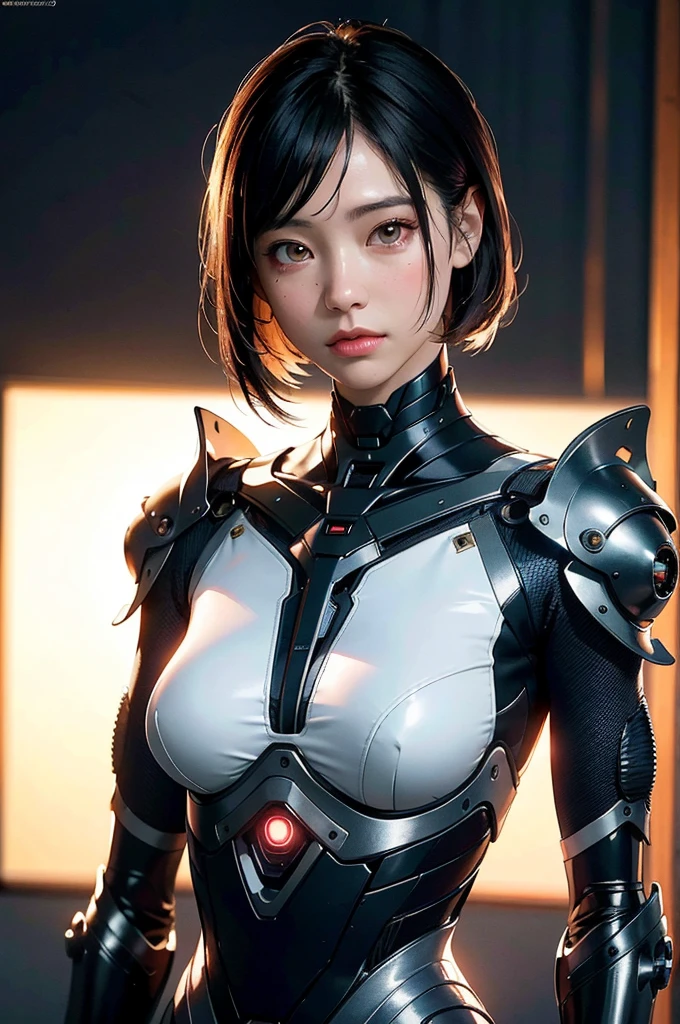 Complex 3D rendering of ultra-detailed porcelain girl, 1 girl, (natural skin texture, actual eye details:1.2), part, beautiful soft light, rim light, Vibrant details, Luxury Cyberpunk, hyperactual, anatomical, face muscles, Cable wire, microchip, elegant, beautiful background, octane rendering, apple style, 8k, best quality, masterpiece, illustration, extremely delicate and beautiful, CG, Unite, wallpaper, (actual, photo-actual:1.2), Astonishing, fine details, masterpiece, best quality, official art, extremely detailed CG Unite 8k wallpaper, Extremely ridiculous, sexy, Mechanical skeleton, Android, Surrealism, Doomsday wasteland, (high-tech prosthetics:1.2), Fluffy black short hair, Perfect body, Navy blue glowing cyber ship