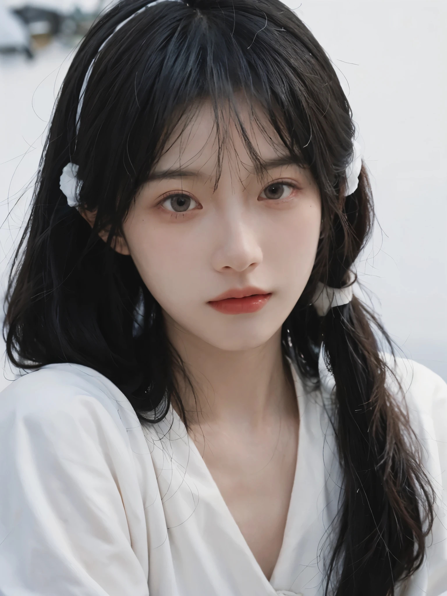best quality， ultra high resolution， White background，（realistically：1.4）， girl， A pair of eyes as clear as snow,Imperial sister，Black long straight， looking at the audience， close up ，